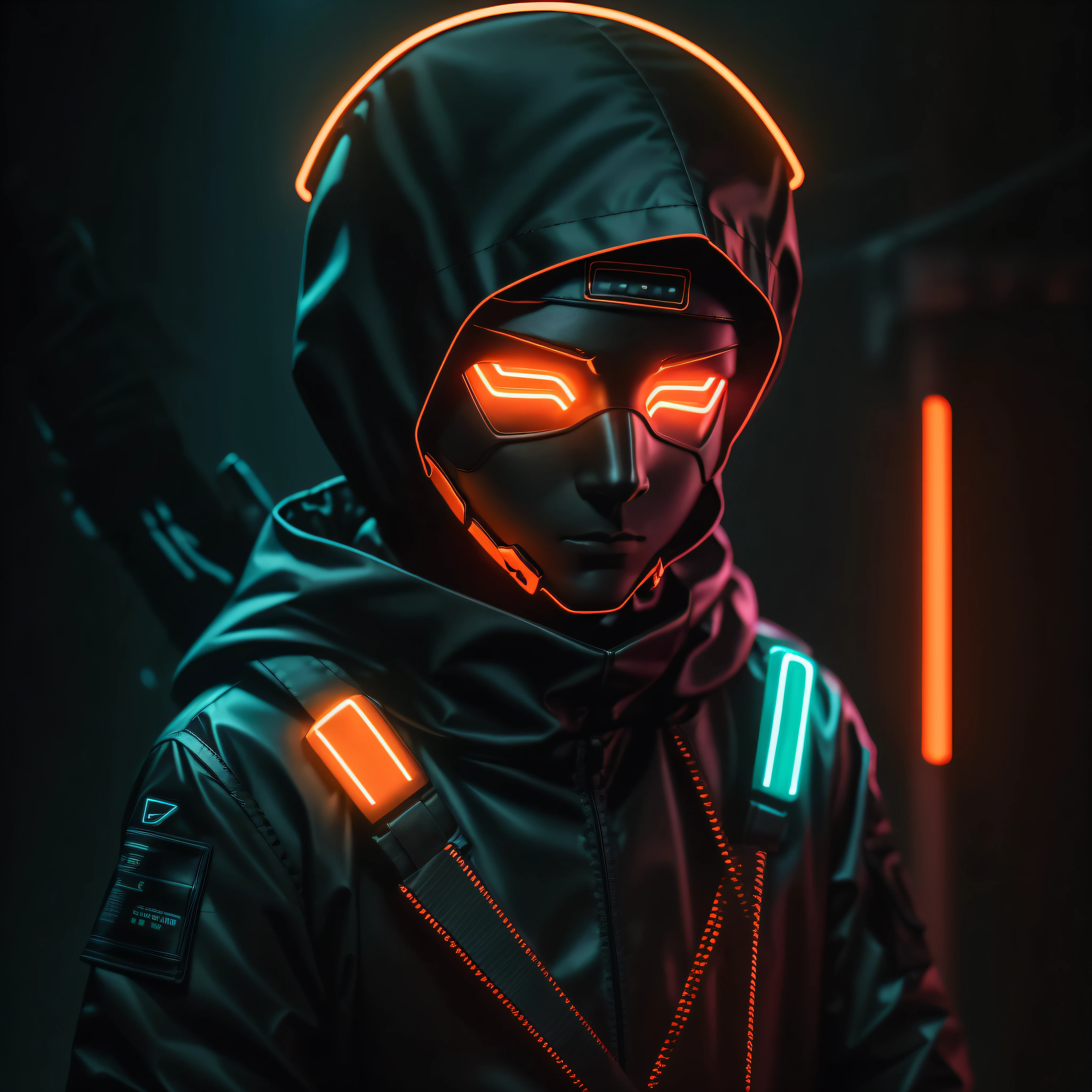 ("Techwear boy wearing LED mask")+("Orange cat with bandana in hand")+("Neon lights in the background") black background