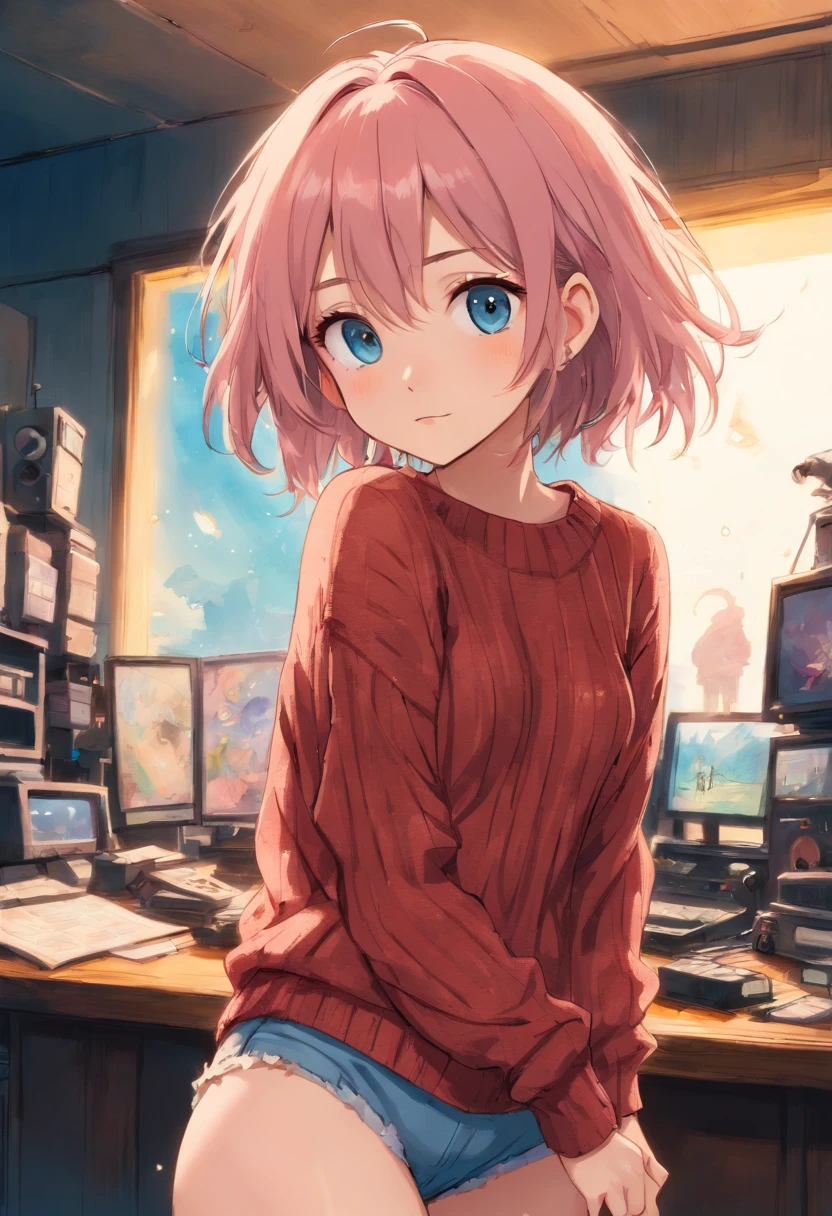 (), gros seins,(Masterpiece), Best quality, Extremely detailed, (aquarelle), fleurir, delicate and beautiful, illustration, (from below),(1fille:1.4), (seulement:1.2), gros seins, (ribbed sweater:1.3), Shouldered sweater, (short shorts:1.2), bare shoulders, (underboob), ((dark skinned:0.8)), beaux yeux bleu saphire, (disheveled hair ), photographie, over shoulder shot, par Alex Maleev, professionnel, Appareil photo Canon, Appareil photo Nikon, tranchant, Bokeh, studio quality, Lentille fisheye, par Robert Capa ,