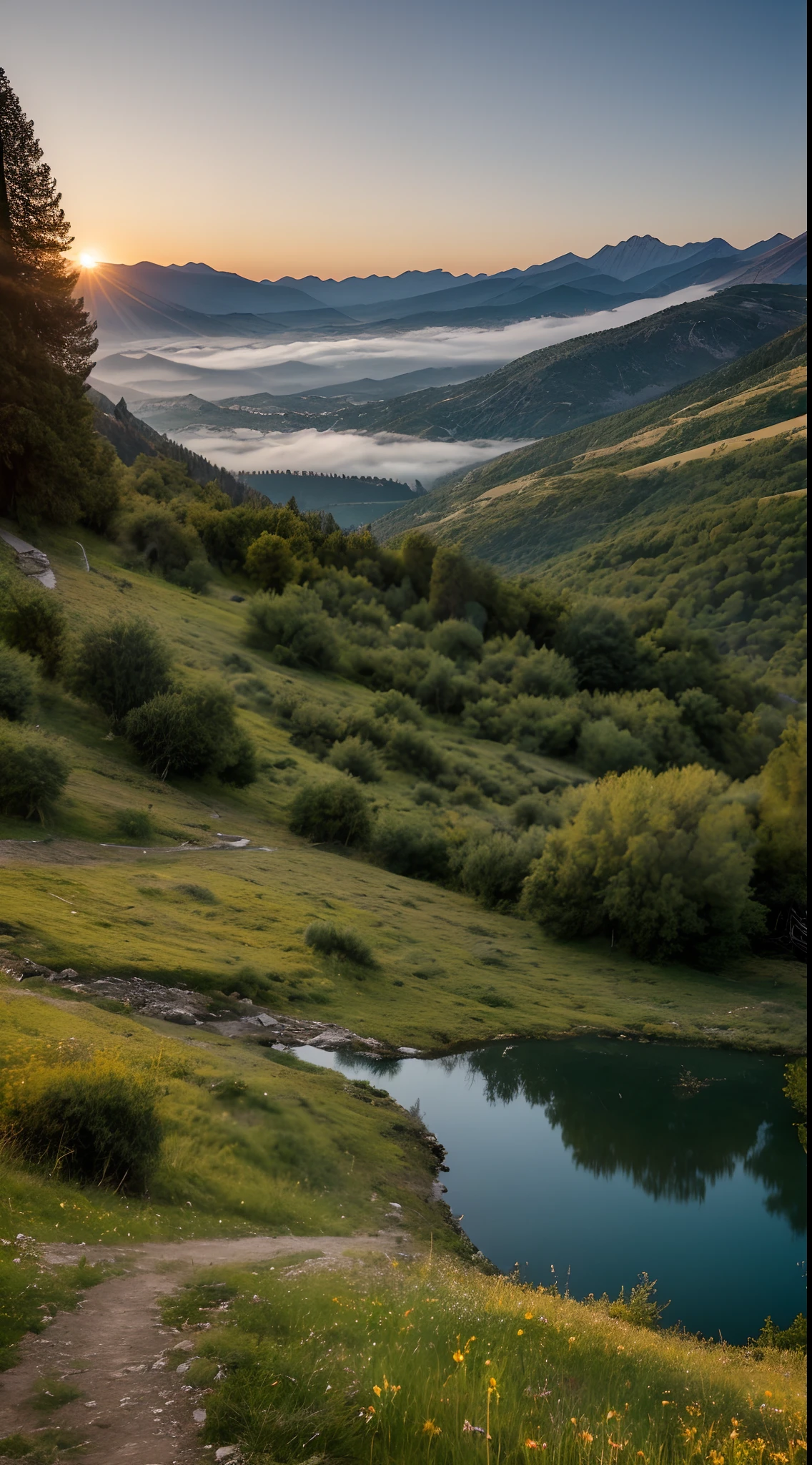 You want to capture the spectacular skyline of mountains in the distance through the lens of your camera. You want to combine this landscape, illuminated by the golden lights of the sunset, with an endless sky. A gentle fog rises over the mountains, contrasting with the greenery that surrounds it. Ormanda gizemli bir yol, while promising an intriguing discovery, A dazzling lake in the foreground reflects calmly. You precisely optimize your camera's settings and capture every detail of this mesmerizing landscape. Light and shadow games, it depicts the spirit of nature and fills the audience with a deep admiration