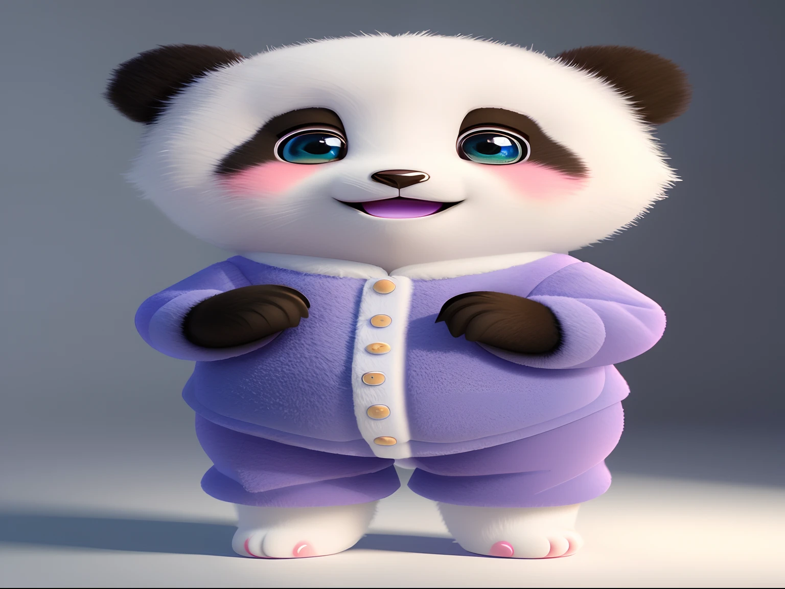 Close-up of panda in purple costume, cute 3 d render, Cute panda, lovely digital painting, Cute cartoon character, Cute! C4D, cute character, adorable digital art, 3D model of a Japanese mascot, high detailed cartoon, toon render keyshot, smooth 3d cg render, rendered in arnold, cute pixar character