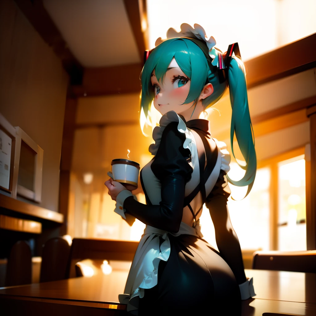 (((maid clothes)))),Little woman,Hatsune Miku Cosplay,Waitress in a coffee shop,Carry coffee,Put on the table,From the customer's perspective,((blurry backround:1.5)),Quaint coffee shop,In the dimly lit chamber,Warm lighting