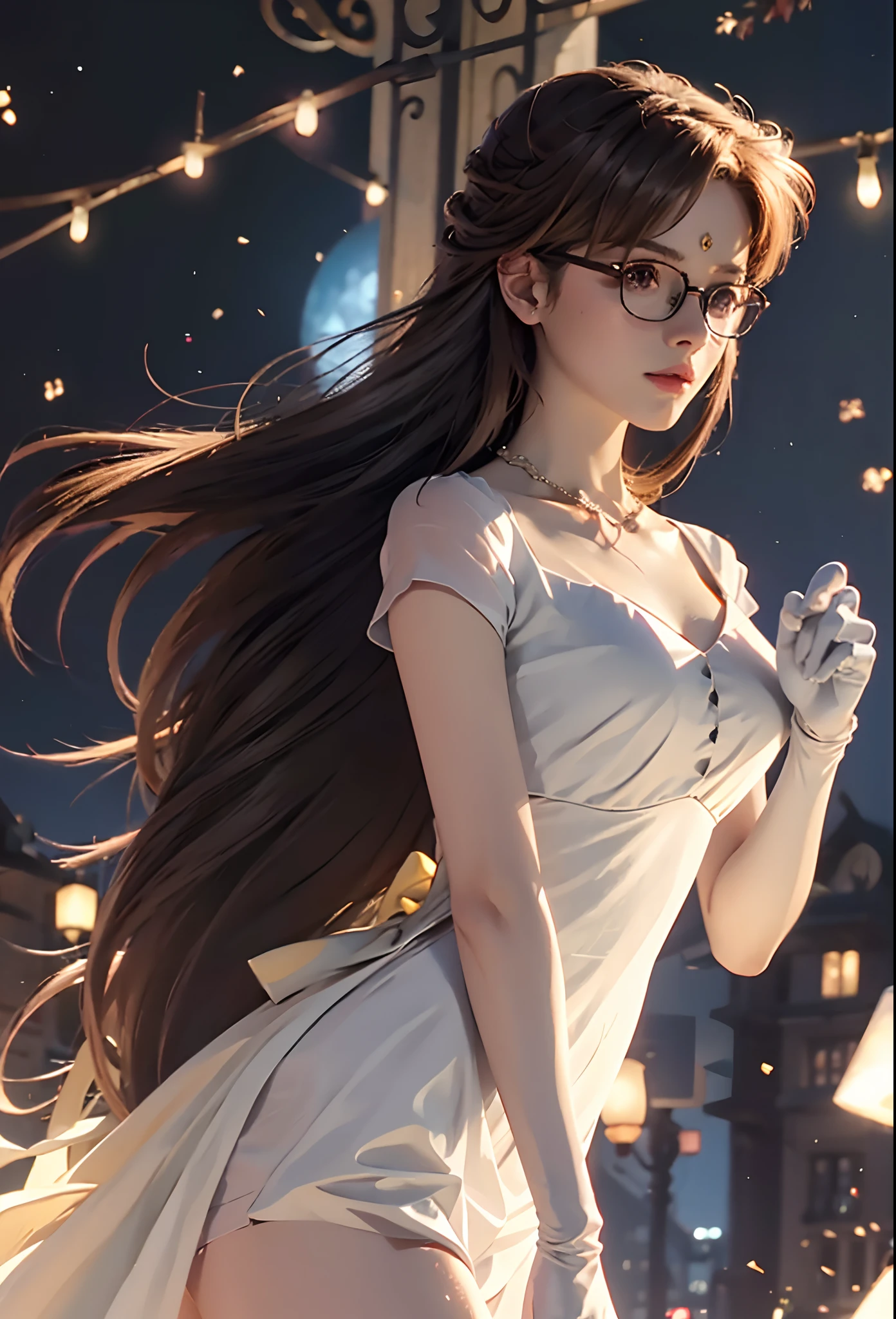 long hair, elegant dress, best quality, brown hair color, elegant gloves, glasses