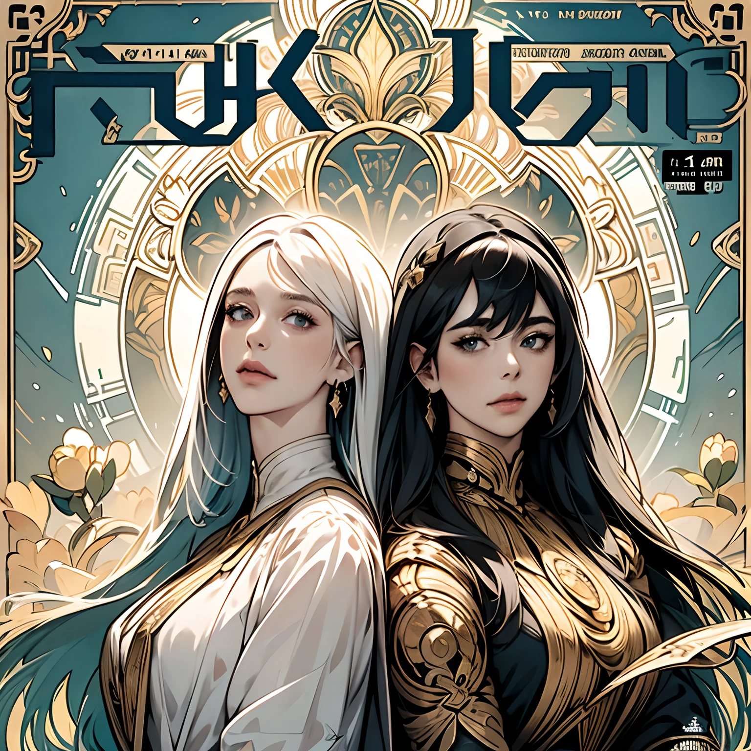 (masuter piece,Best Quality,Ultra-detailed), (A detailed face),nobles, European woman face portrait, hight resolution, 1girl in, (front-facing view), (masuter piece,Best Quality,Ultra-detailed),(absurderes),In front of the stained glass window,Black dress with long white hair,1girl in, white hair, Halo, Girl with white hair,White nun dress,cathedral,sanctuary, ,Dagger decoration, The upper part of the body, flat-chest, (Beautiful Detail Eye: 1.1), (Detailed hand), (Detail light: 1.1), Film Light, Pale skin type, (looking at the viewers), (magazine:1.3), (cover-style:1.3), Textured skin, Super Detail, Tarot Boundary, border, Alfonse Mucha, Dynamic streaks, locus:1.2, golden colored, Beautiful and bright color scheme, portraitures, Look at viewers, 独奏, (full body Esbian:0.6), A detailed face, (Ancient Mesopotamian theme), Sumerian, Mesopotamian mythology, Uruk, ziggurat, Demigod,Floral hair ornament, (A thriving civilization), Ancient palaces, stele, particles floating, Fibonacci,Pure,lady,elegent