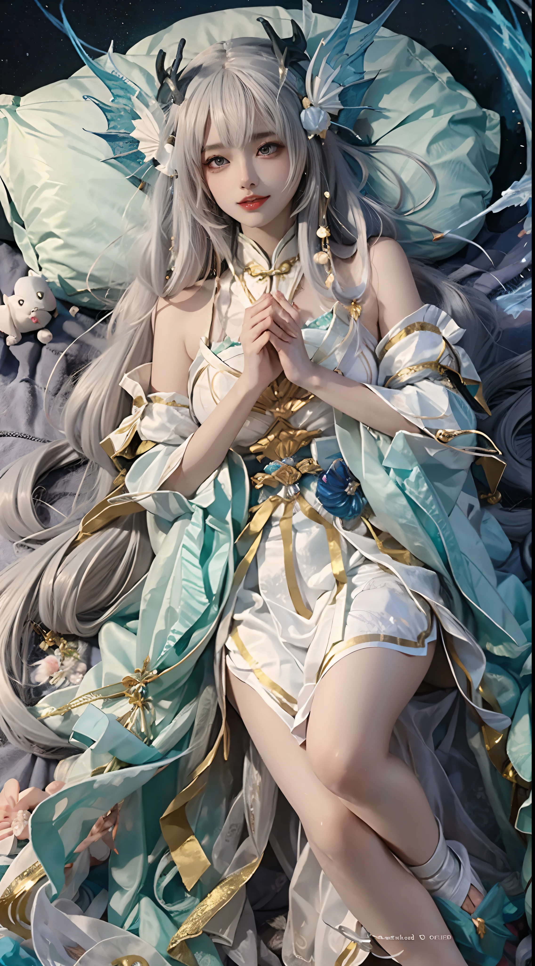 Beautiful celestial mage,Amazing young ethereal characters,shaxi,A flowing magic robe,White Hanfu,xianxia fantasy,Beauty Delfin,Ethereal fantasy,Elegant and charming cosplay,one-girl,((Lie flat on the bed)),Bend your legs,((Top-down view)),Feminine and colorful,It's tumultuous,Hands relax naturally,nighttime scene,Lots of neon