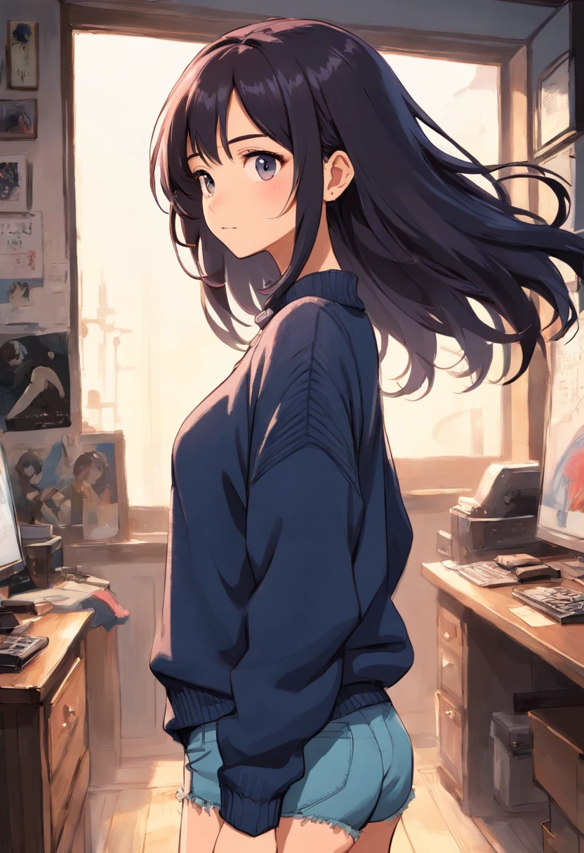 (), gros seins,(Masterpiece), Best quality, Extremely detailed, (aquarelle), fleurir, delicate and beautiful, illustration, (from below),(1fille:1.4), femme arabe, (seulement:1.2), gros seins, (ribbed sweater:1.3), (short shorts:1.2), bare shoulders, (underboob), ((dark skinned:0.8)), beaux yeux bleu saphire, (disheveled hair ), long cheveux noir, photographie, over shoulder shot, par Alex Maleev, professionnel, Appareil photo Canon, Appareil photo Nikon, tranchant, Bokeh, studio quality, Lentille fisheye, par Robert Capa ,