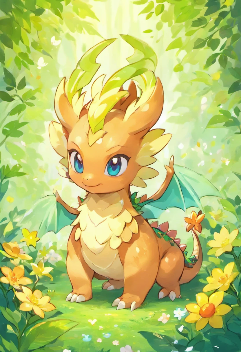 a small cute fire dragon with big eyes, in a grassland