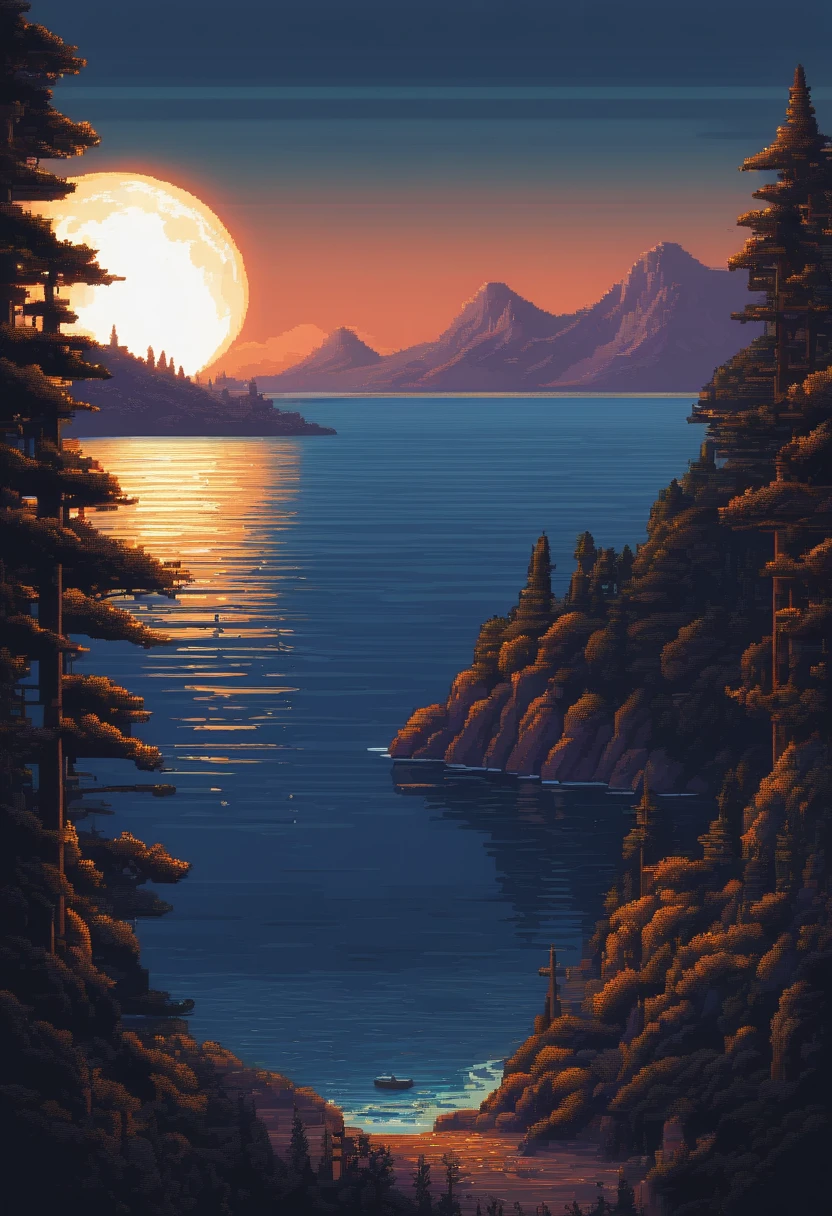 Pixel art of giant moon rising on calm sea, beautiful detailed pixel art, detailed pixel art, lo-fi retro videogame, concept pixelart, detailed pixel artwork, Pixel art style, pixel town, pixel art animation, high quality pixel art, Dolphins jump off the sea, super detailed color lowpoly art, #pixelart:3, # pixelart, #pixelart