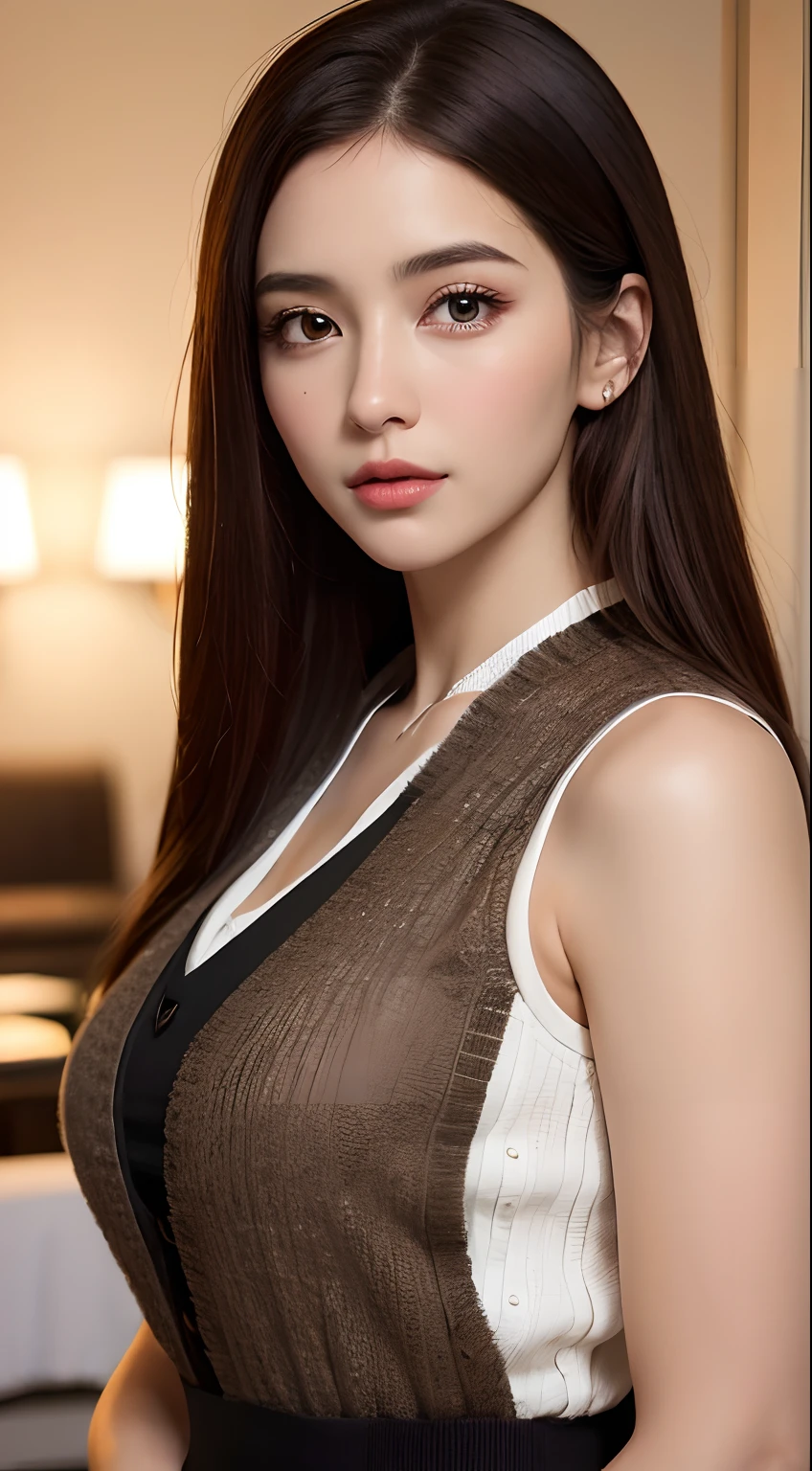 Strong realism,(best qualtiy,4K,tmasterpiece:1.3),Pretty women,1girl in,Raised sexy:1.1,dark brown hair:1.1,(:1.2),White vest,Super Detailed Face,Detailed lips,A detailed eye,二重まぶた、Black big eyes