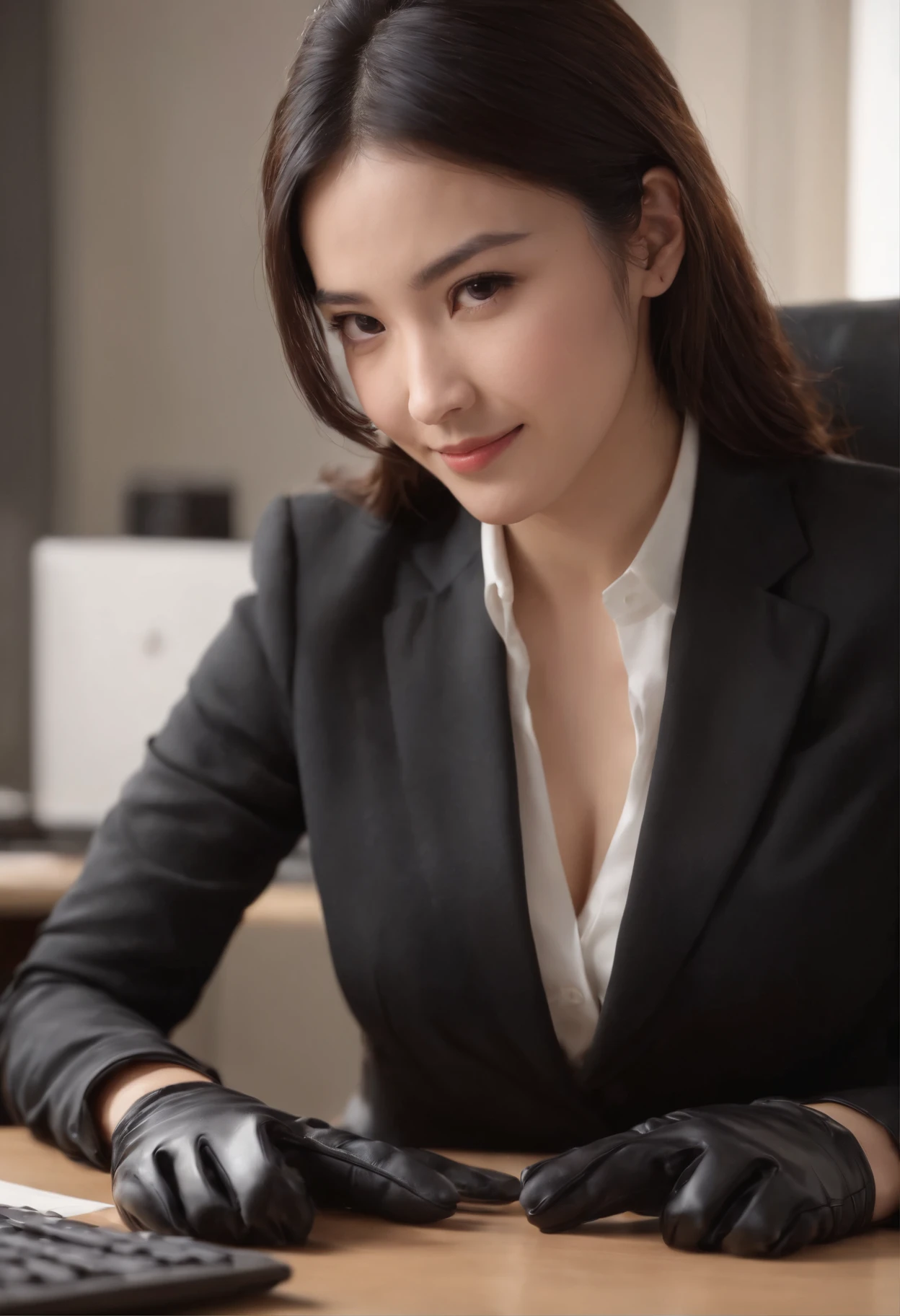Wearing black leather gloves in both hands, upper body, black business suit, facing the desk in my room with a computer in the dark, looking down and smiling, operating the computer with the fingertips of black leather gloves, black hair bundled at the back for a long time, still young and very cute Japanese female new employee (black leather gloves cover both hands)