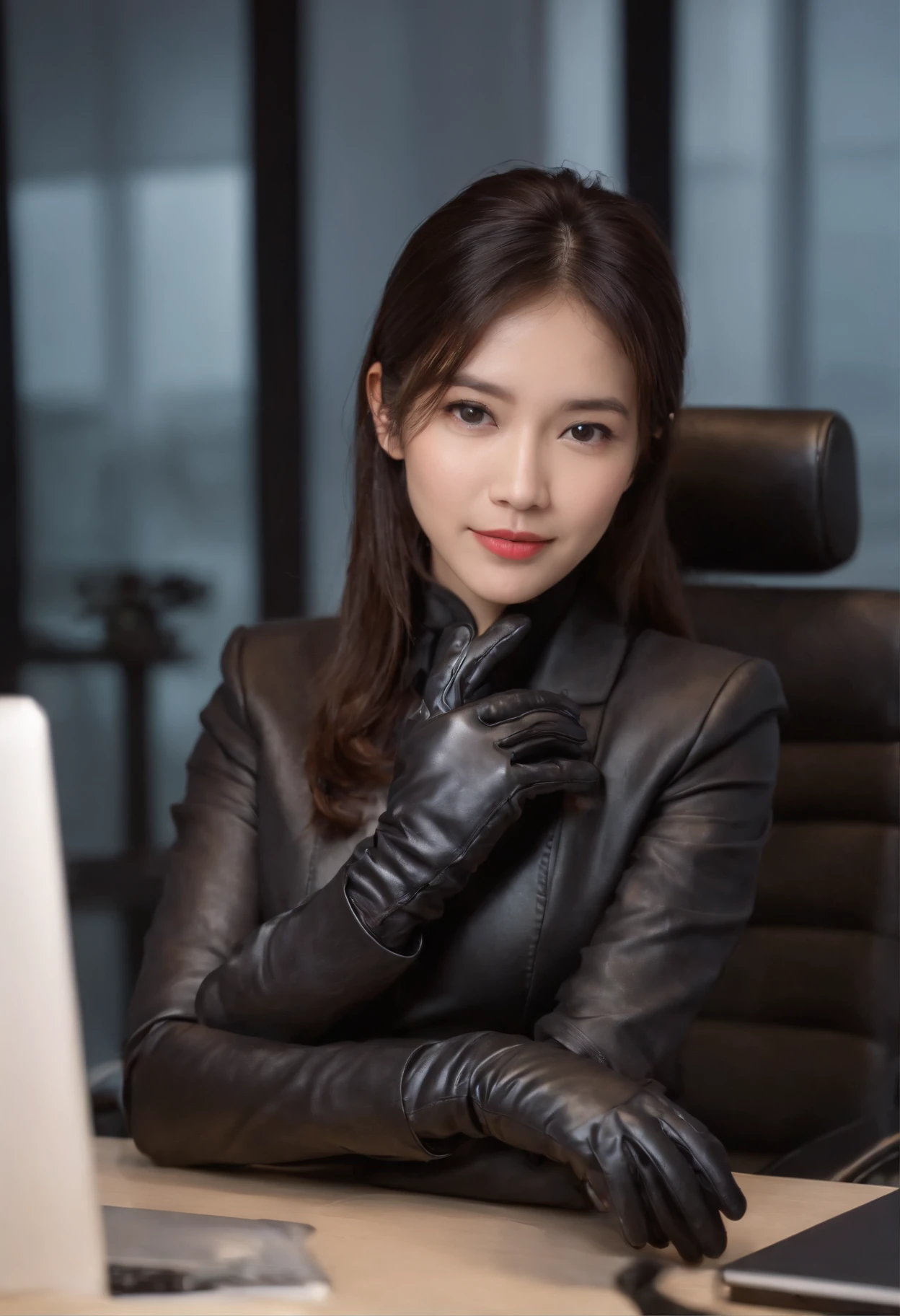 Wearing black leather gloves in both hands, upper body, black business suit, facing the desk in my room with a computer in the dark, looking down and smiling, operating the computer with the fingertips of black leather gloves, black hair bundled at the back for a long time, still young and very cute Japanese female new employee (black leather gloves cover both hands)