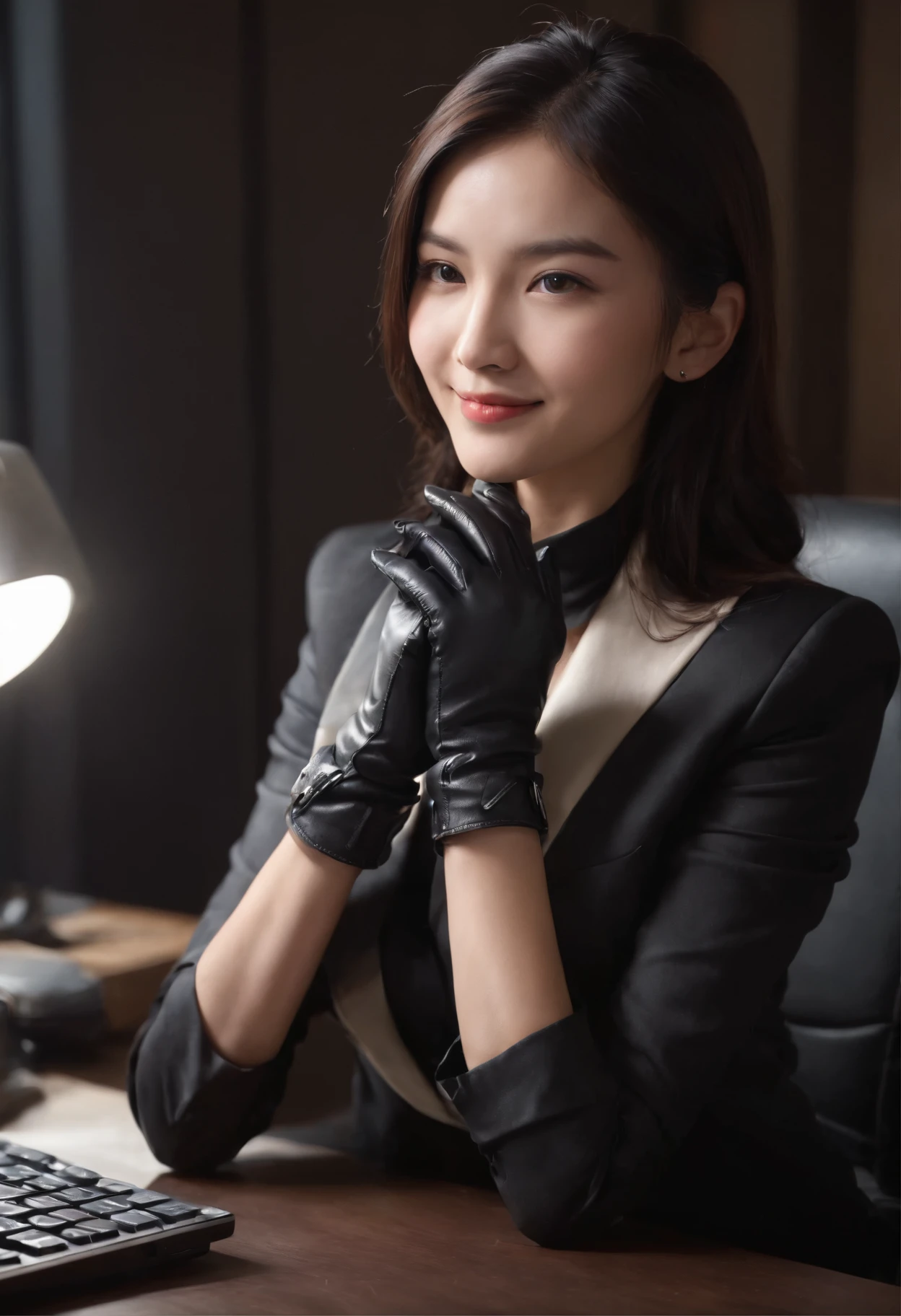 Wearing black leather gloves in both hands, upper body, black business suit, facing the desk in my room with a computer in the dark, looking down and smiling, operating the computer with the fingertips of black leather gloves, black hair bundled at the back for a long time, still young and very cute Japanese female new employee (black leather gloves cover both hands)