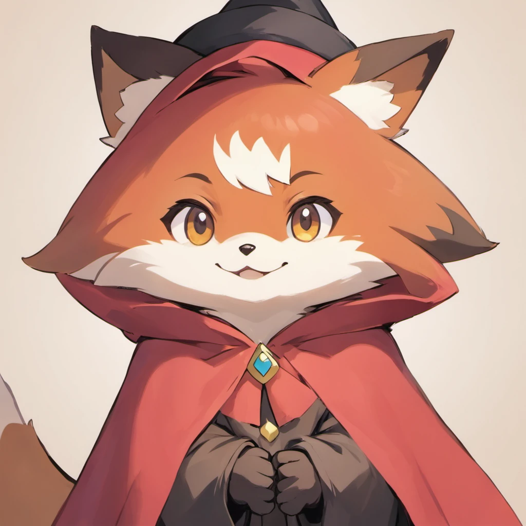 a fox，The eyes do not have highlights，optimistic and cheerful，lively and lovely，There is a burgundy cloak and a black hat