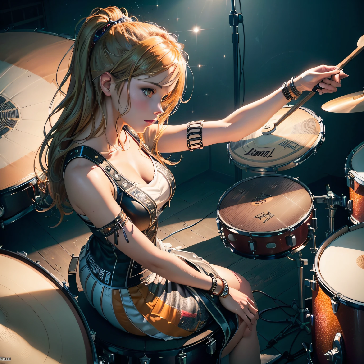 (view from top angle), (digital painting:1,4), (very detailed illustration), (best work), (a beautiful woman sitting in front of a drum set), rocker clothes, very energetic, drums, sticks, bright light emitted by the studio, focusing on each part of the drum, with agile hand movements, sparkling light, realistic, very detailed, 8k