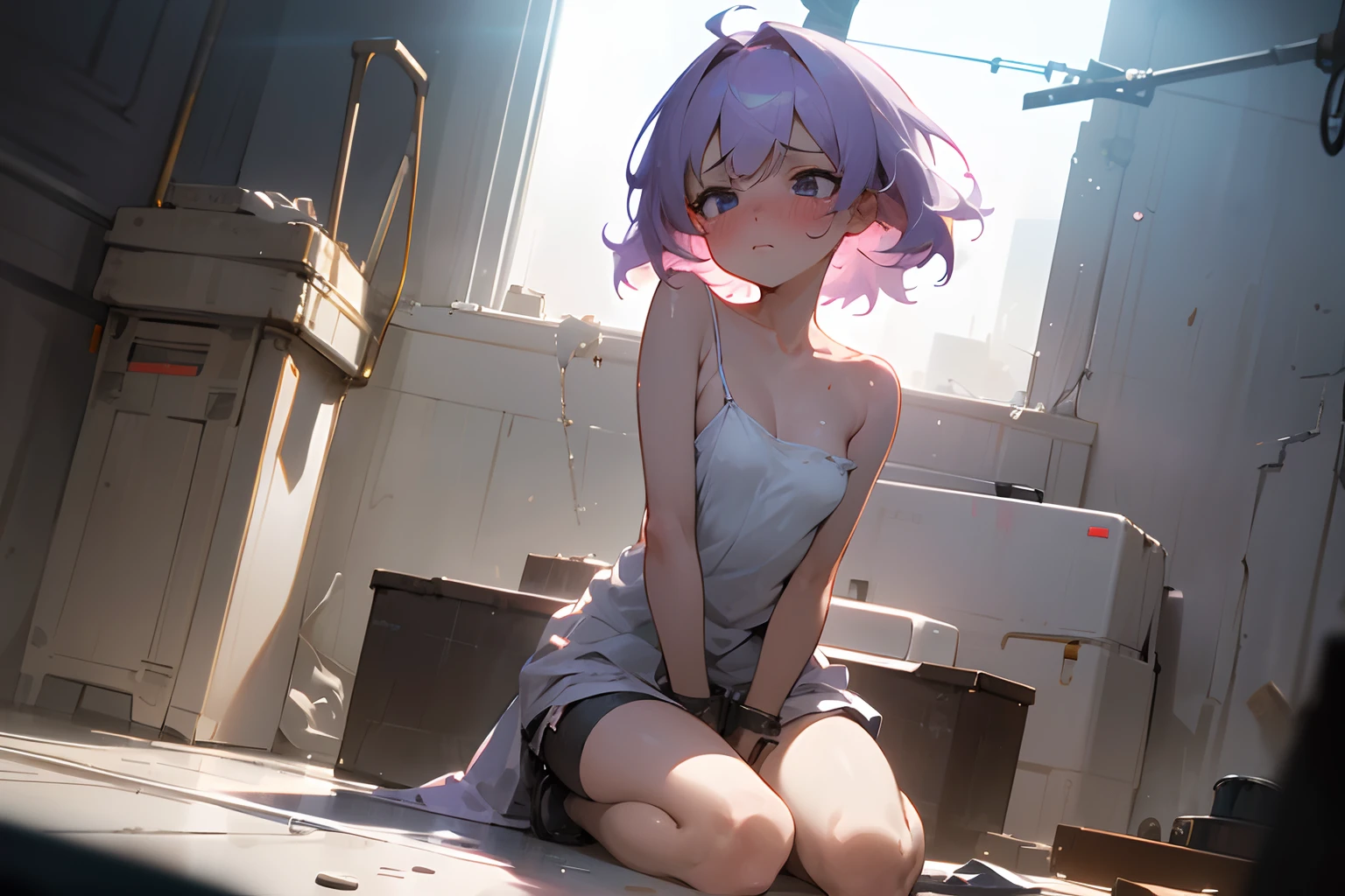 ((Masterpiece)), retina, wide-shot, cinematic lighting, very messy hair, (badly ragged cheep camisole, exposed breast, Slender small breasts, shy and blush face), (Inorganic and very clean pure white room, Restraints with handcuffs), Textured skin, light purple hair, Cute Beautiful girl, sit on the ground
