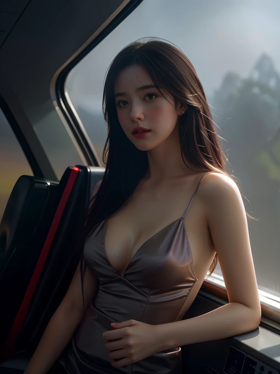 model shoot style，Fantastic plane crash scene，（the Extremely Detailed CG Unity 8K Wallpapers），full-shot body photo of the most beautiful artwork in the world，Stunning beautiful photos realistic cute young lady dressed in most modern outfit，Semi-naked breasts，Professional majestic oil painting by Ed Blinkey，atey ghailan，by Ghibli Studio，Jeremy Mann，Greg Manchess，Antonio Moro，Popular on artstation，Popular on CGsociety， 复杂，high detal，tack sharp focus，Dramatic，Photorealistic painting art，Composed by Midjourney and Greg Rutkowski