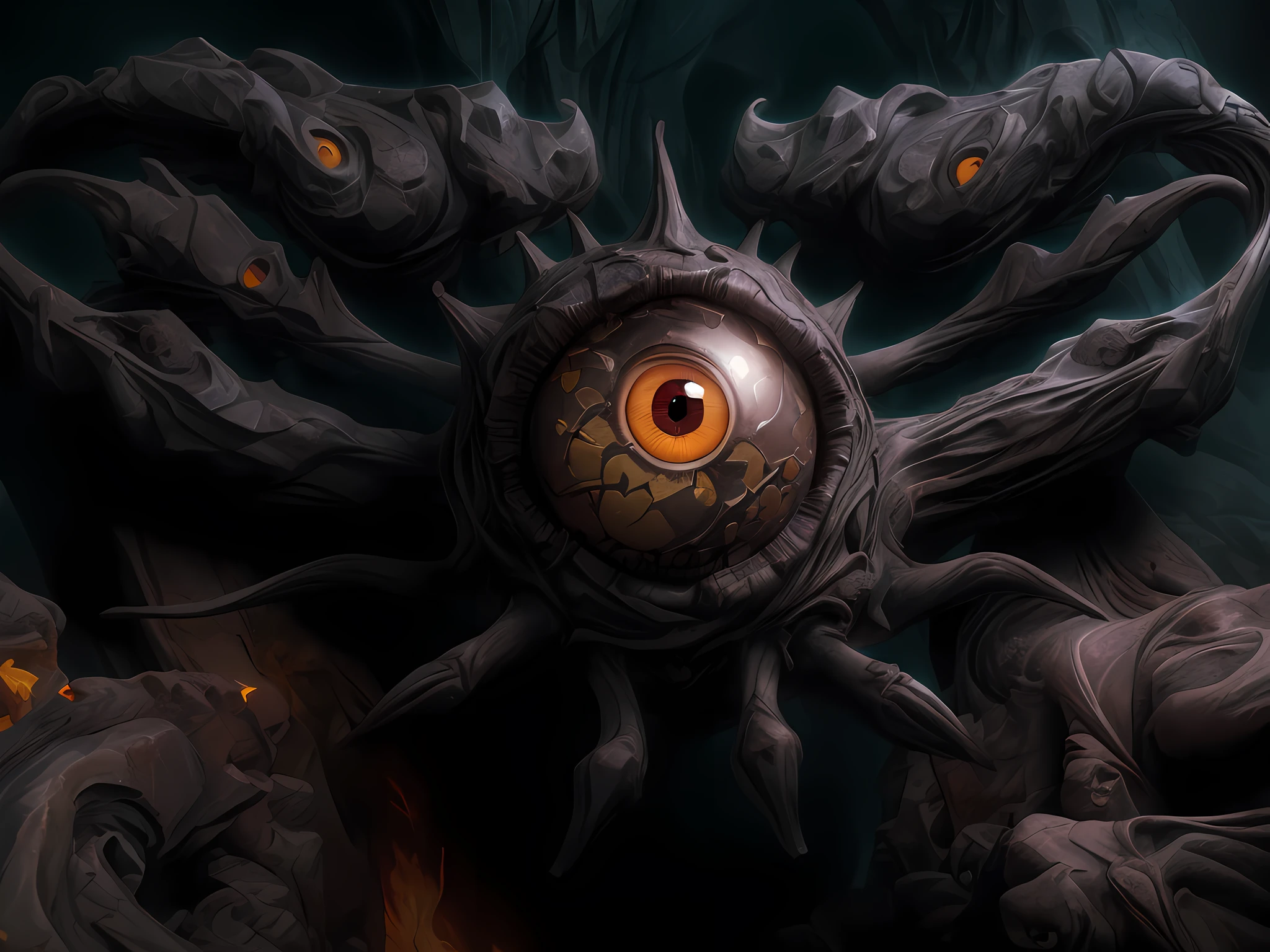 a picture of a dark beholder in a dark cave (best details, Masterpiece, best quality :1.5), an epic evil beholder (best details, Masterpiece, best quality :1.5) extremely detailed beholder, 7 different eyes in dynamic colors (best details, Masterpiece, best quality :1.5) , one central big yellow eye, detailed face, torch light (best details, Masterpiece, best quality :1.5), sense of dread, sense of awe majestic atmosphere, ultra best realistic, best details, best quality, 16k, [ultra detailed], masterpiece, best quality, (extremely detailed), ultra wide shot, photorealism, depth of field, hyper realistic painting,