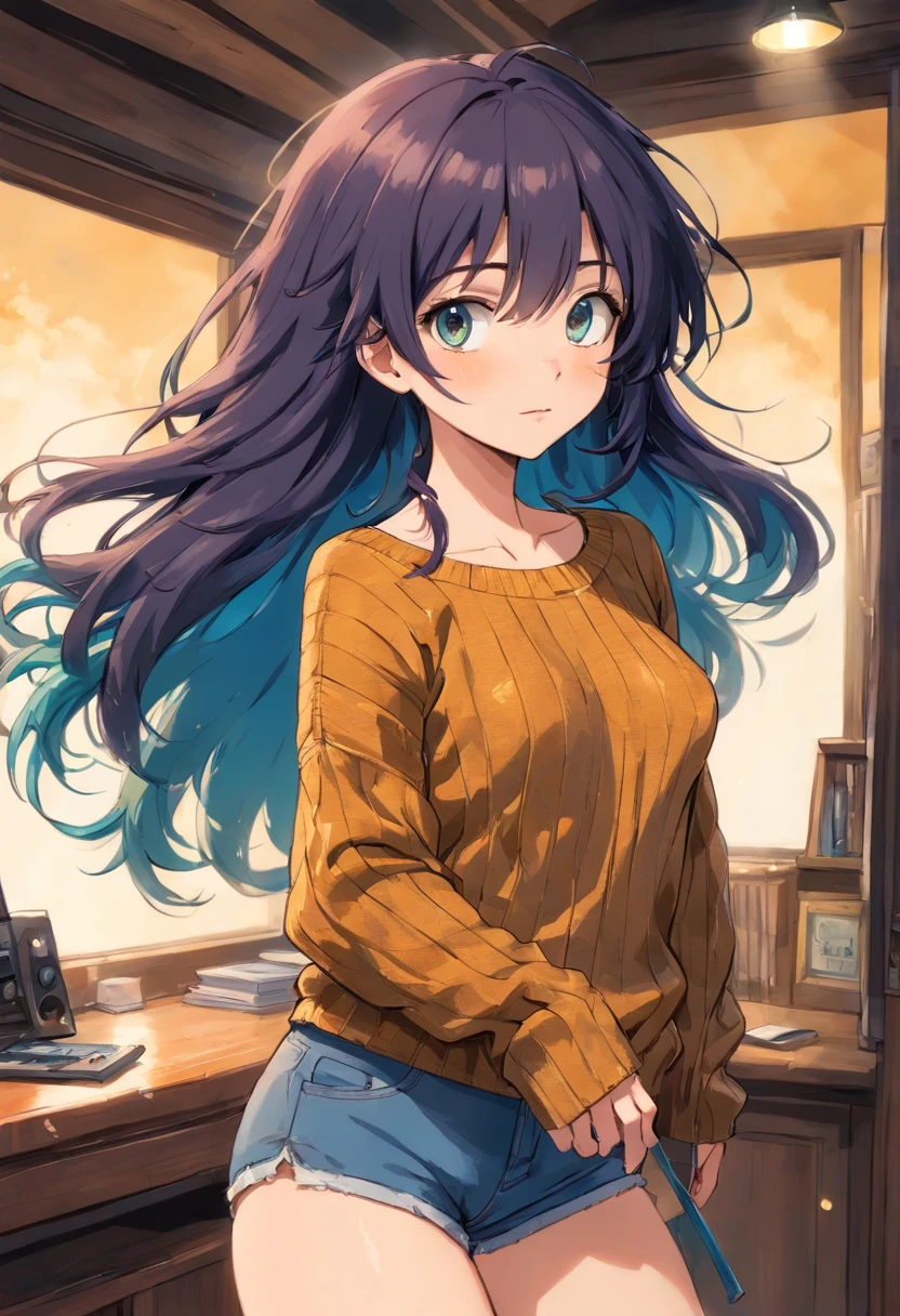 (NSFW), gros seins,(Masterpiece), Best quality, Extremely detailed, (aquarelle), fleurir, delicate and beautiful, illustration, (from below),(1fille:1.4), femme arabe, (seulement:1.2), gros seins, (ribbed sweater:1.3), (short shorts:1.2), bare shoulders, (underboob), ((dark skinned:0.8)), beaux yeux bleu saphire, (disheveled hair ), long cheveux noir, photographie, over shoulder shot, par Alex Maleev, professionnel, Appareil photo Canon, Appareil photo Nikon, tranchant, Bokeh, studio quality, Lentille fisheye, par Robert Capa ,