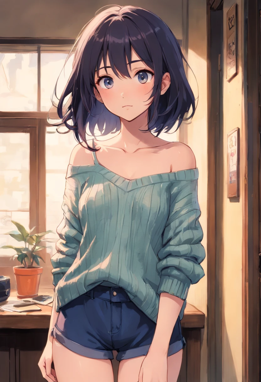 (NSFW), gros seins,(Masterpiece), Best quality, Extremely detailed, (aquarelle), fleurir, delicate and beautiful, illustration, (from below),(1fille:1.4), femme arabe, (seulement:1.2), gros seins, (ribbed sweater:1.3), (short shorts:1.2), bare shoulders, (underboob), ((dark skinned:0.8)), beaux yeux bleu saphire, (disheveled hair ), long cheveux noir, photographie, over shoulder shot, par Alex Maleev, professionnel, Appareil photo Canon, Appareil photo Nikon, tranchant, Bokeh, studio quality, Lentille fisheye, par Robert Capa ,