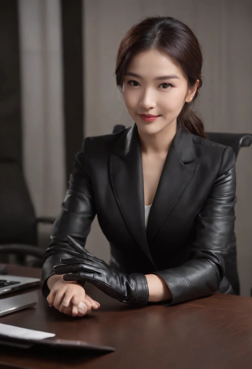 Wearing black leather gloves in both hands, upper body, black business suit, facing the desk in my room with a computer in the dark, looking down and smiling, operating the computer with the fingertips of black leather gloves, black hair bundled at the back for a long time, still young and very cute Japanese female new employee (black leather gloves cover both hands)