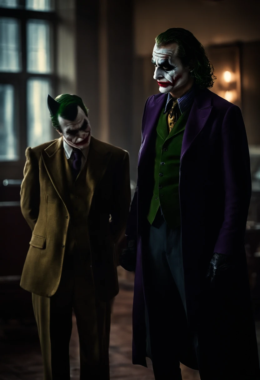Batman with his back looking in the mirror but his reflection in the mirror is not Batman but the Joker wearing a black suit and black capes and he is laughing he has become the reflection in the mirror