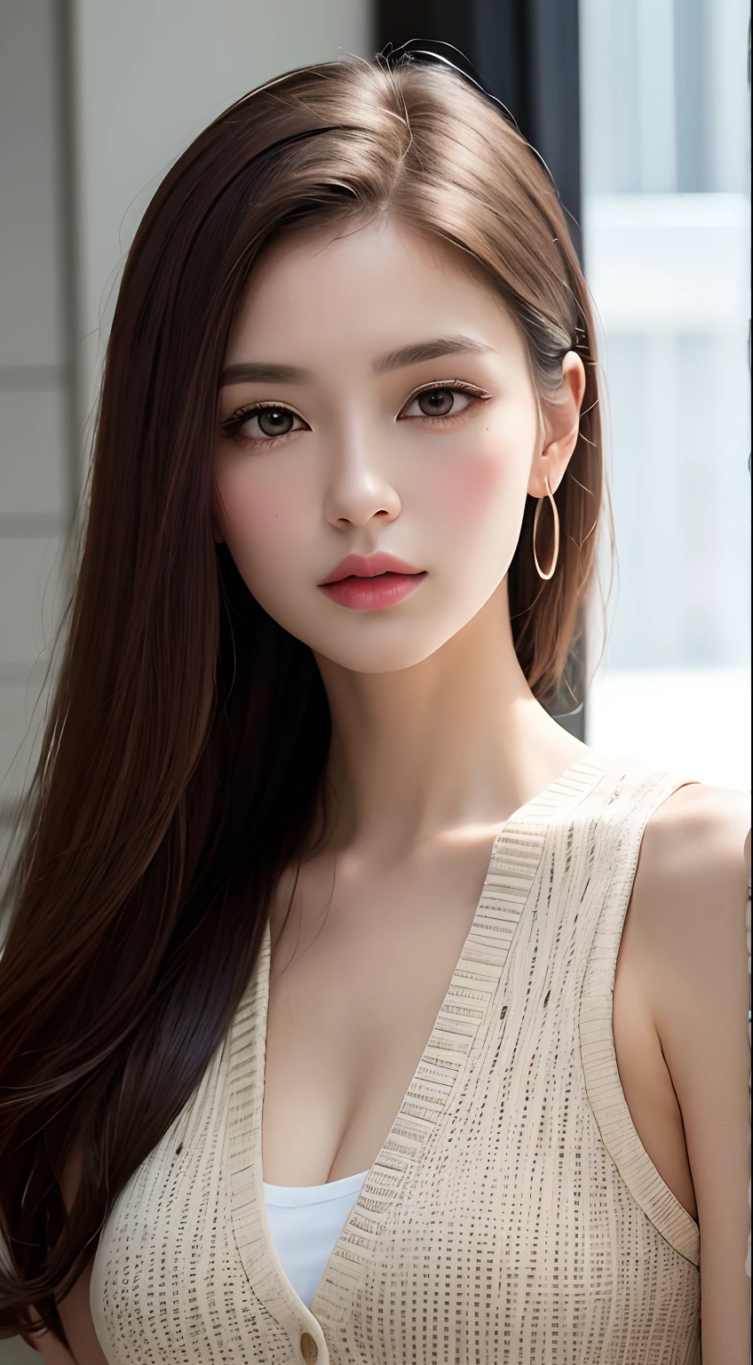 Strong realism,(best qualtiy,4K,tmasterpiece:1.3),Pretty women,1girl in,Raised sexy:1.1,dark brown hair:1.1,(:1.2),White vest,Super Detailed Face,Detailed lips,A detailed eye,二重まぶた、Black big eyes