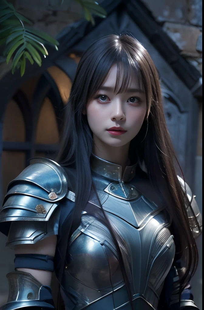 8K, Raw photo, Photorealistic, Realistic, (Detailed skin, Best Quality:1.2), ((armored dress, silver long hair:1.4, short bangs)), Japanese lady at night, (Fairer skin, skinny body), (foggy night:1.3, Abandoned chapel, cracked wall), dramatic dark lighting