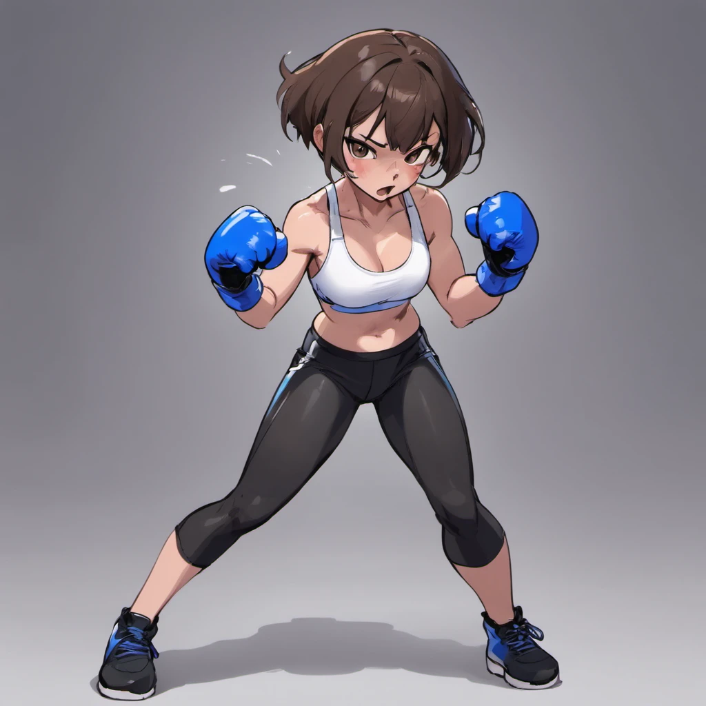 Mature female boxer、Dark brown shorthair、White Sports Bra、Black leggings、Blue Boxing Gloves、I'm punching、waist line、The background is all gray.