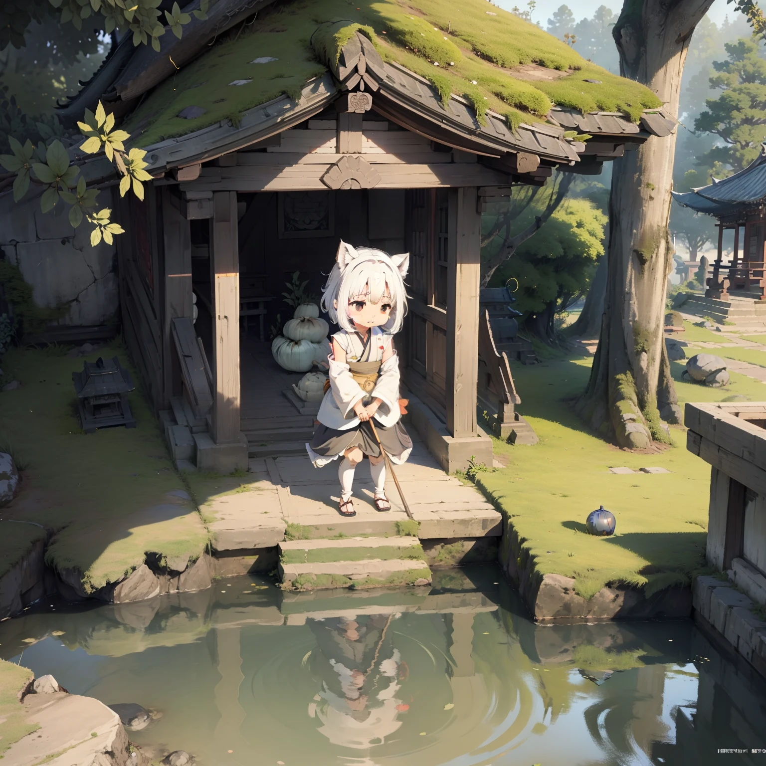 (Isometric 3D),(Masterpiece), (Extremely detailed Cg Unity 8K wallpaper), (Best quality), (Best Illustration), (Best shadow),, A cute , Balinese temples, A round turnip hut covered with moss, ,rendering by octane,Ray tracing,Ultra detailed,one-girl,Loli,elementary student,独奏, (with short white hair:1.2),