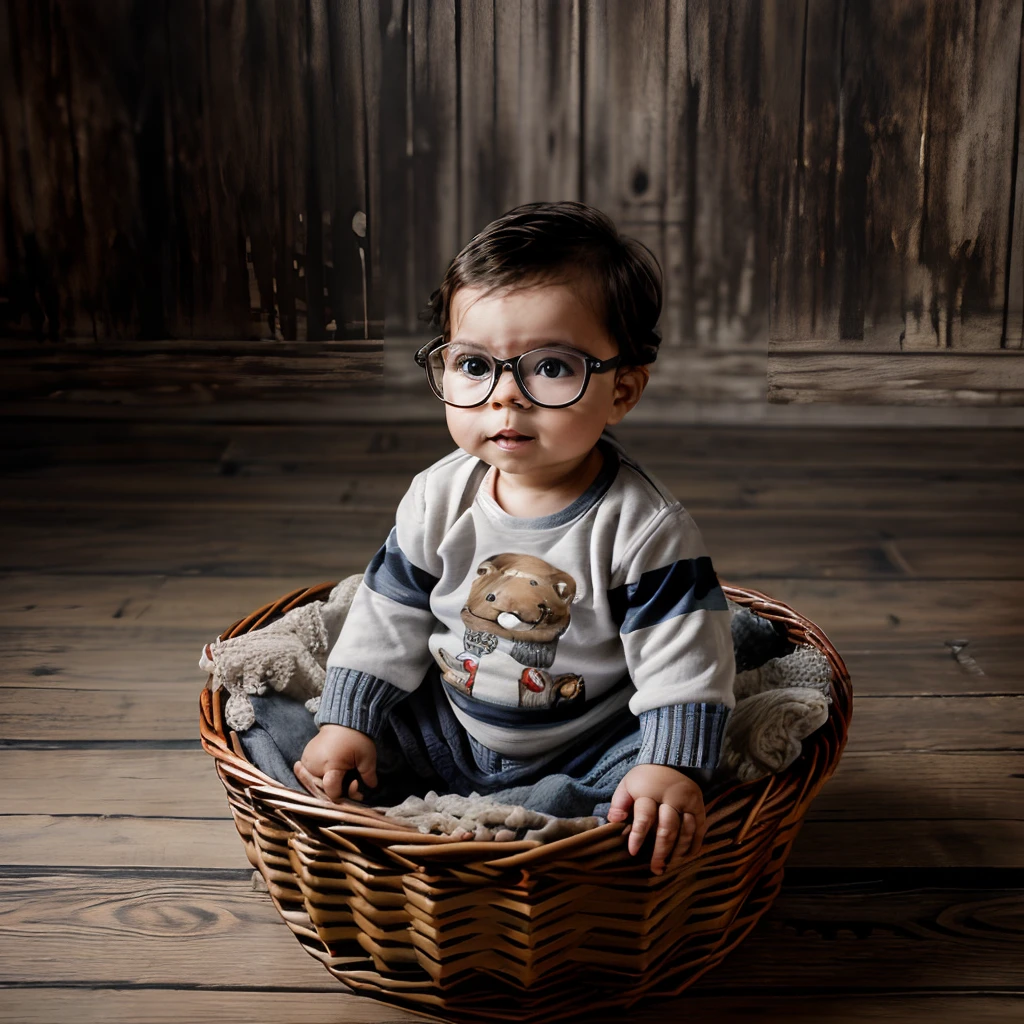 "A portrait of a 1--old  wearing glasses, dressed in a striped knit sweater with a bear design on the front. He is inside a wicker basket filled with rolls of yarn. Professional studio photograph with chiaroscuro lighting, 8k resolution."