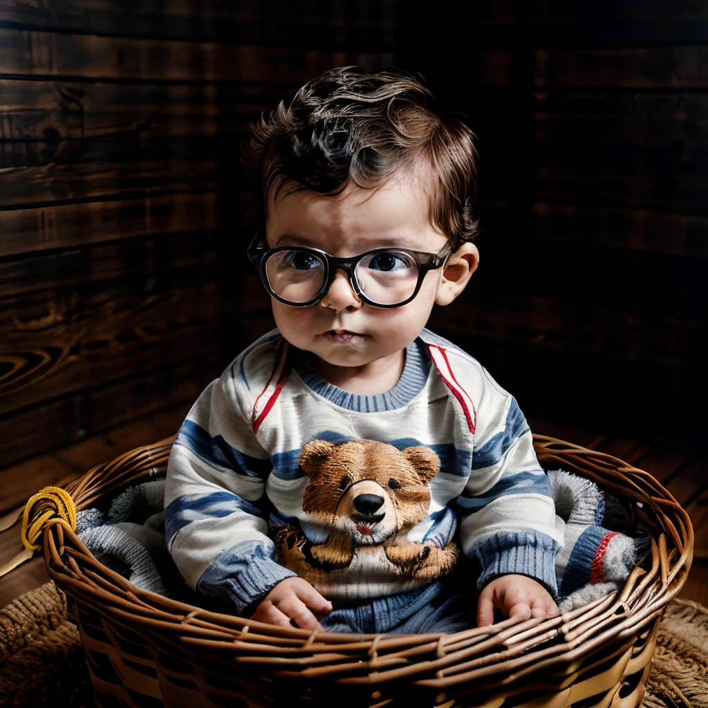 "A portrait of a 1--old wearing glasses, dressed in a striped knit sweater with a bear design on the front. He is inside a wicker basket filled with rolls of yarn. Professional studio photograph with chiaroscuro lighting, 8k resolution."