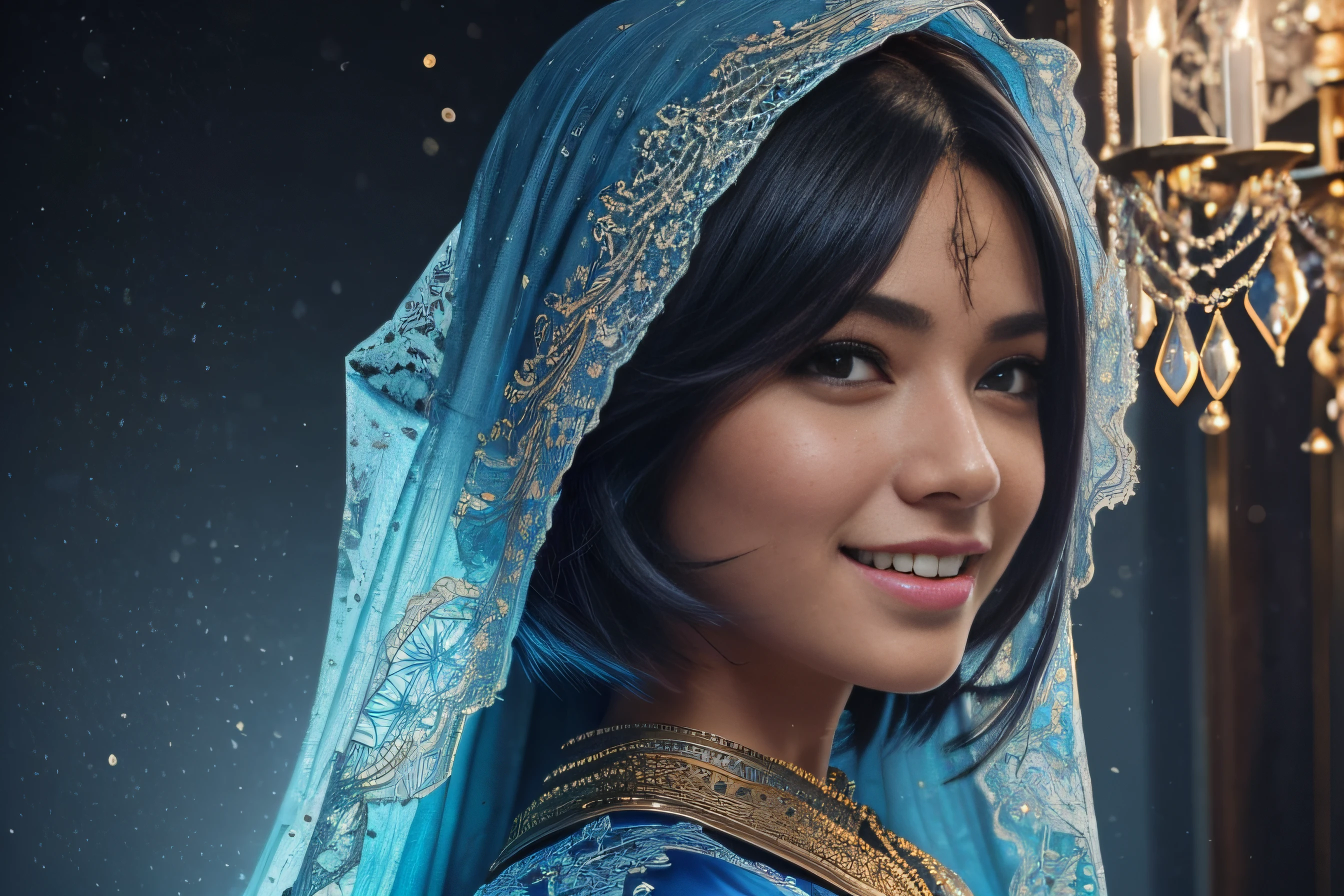 ((Best quality, 16k, Masterpiece: 1.3)), a picture, anime costume style, a Loyal lineage, shiny cloak, detailed skin, summoning the Arabica-Dancer: 1.3, ((Layered haircut, laughing mouth: 1.3)), ((detailed texture, floating light, blue-lace light: 1.3)), sitting on a chair in a Hall, cool colors, cinematic, realistic details of a perfect face, deep background