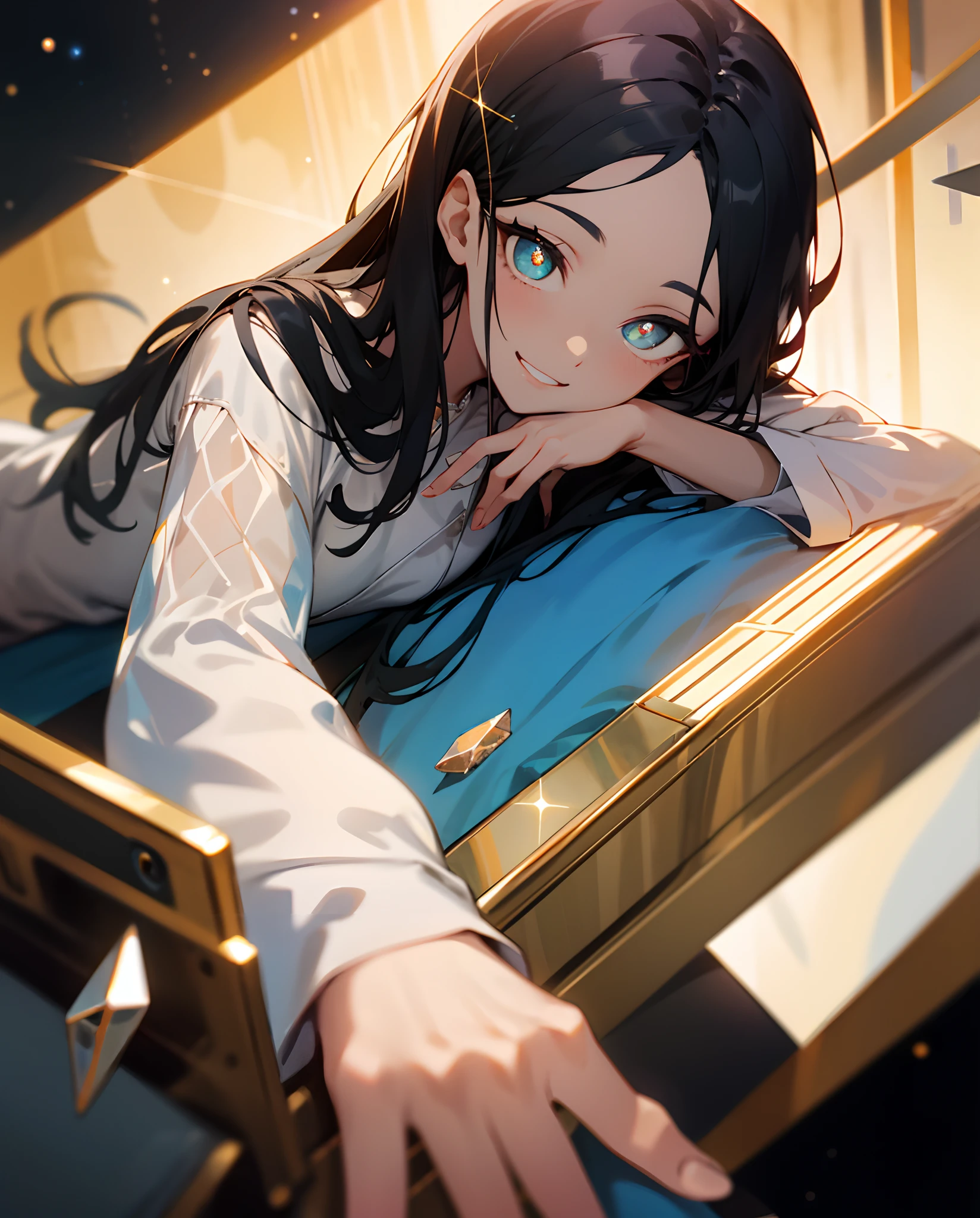 girl,（enchanced quality：1.4），（Top quality true texture skin), Delicate face,Black hair, Gradient hair, Petite body,（perfect bodies：1.1）, There are precious stones on the forehead, rimless eyewears, Sparkling pupils，long eyelasher,grin, hyper photorealism, Cinematic lighting, projected inset, surrealism, hyper HD, Masterpiece, 16k，Lie down，dream on，Wear transparent silk pajamas,Carmelto，Fantasy space，Luxurious space