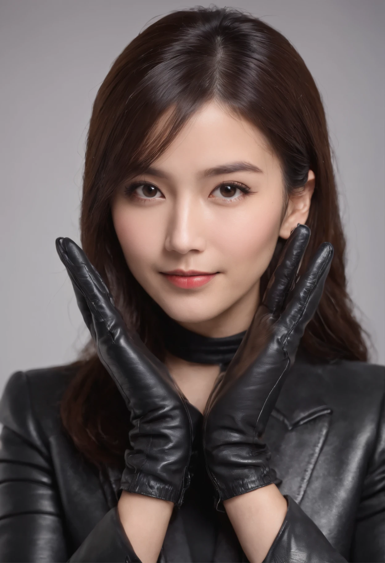 Wearing black leather gloves in both hands, upper body, black business suit, facing the desk in my room with a computer in the dark, looking down and smiling, operating the computer with the fingertips of black leather gloves, black hair bundled at the back for a long time, still young and very cute Japanese female new employee (black leather gloves cover both hands)