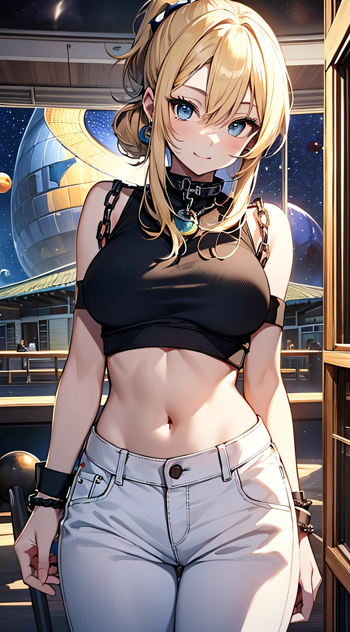 top-quality、Top image quality、masterpiece、girl with((18year old、Black navel exposes short sleeve hoodie、Sportsbra、White pants、Best Bust、Bust 90、a blond、disheveled semi-long、Blue eyes、open chest wide、Happiness、Chain Accessories、Put on headphones、Cosmic Accessories、weightless、looking upwards)hiquality、visualart、Background with(spaces、stele々、kosmos))、masutepiece、Best graphics、Super delicate
