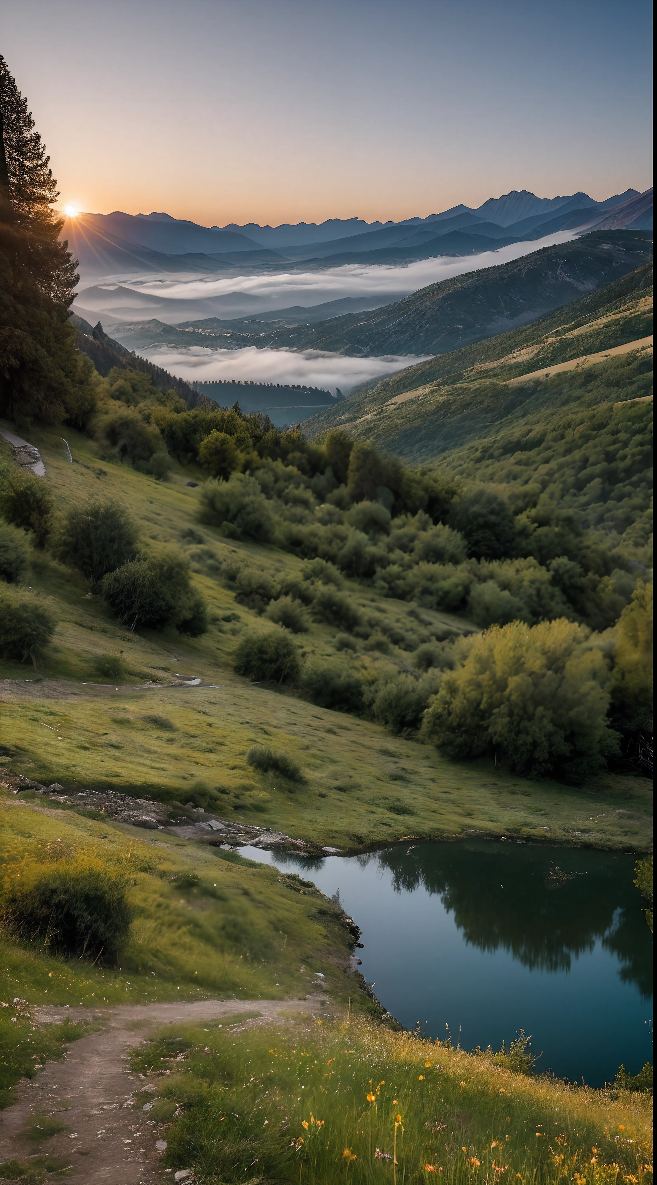 You want to capture the spectacular skyline of mountains in the distance through the lens of your camera. You want to combine this landscape, illuminated by the golden lights of the sunset, with an endless sky. A gentle fog rises over the mountains, contrasting with the greenery that surrounds it. Ormanda gizemli bir yol, while promising an intriguing discovery, A dazzling lake in the foreground reflects calmly. You precisely optimize your camera's settings and capture every detail of this mesmerizing landscape. Light and shadow games, it depicts the spirit of nature and fills the audience with a deep admiration