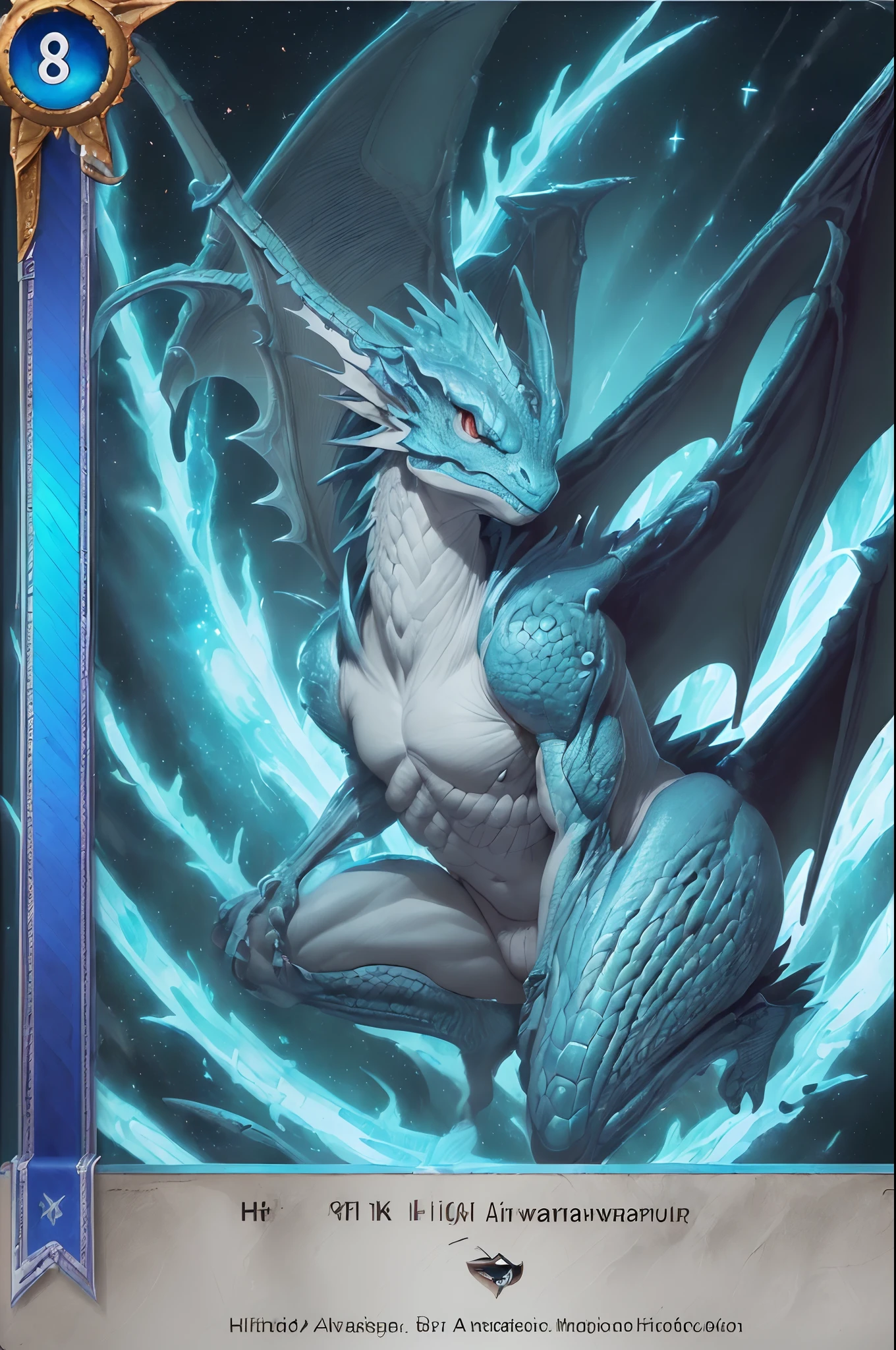 (8k、16k、awardwinning、top-quality、hight resolution、ultra-detailliert、tre anatomically correct、​masterpiece:1.3)、Yu-Gi-Oh Card、Winged Dragon、Cards with dragons、Magic The Gathering、Rare Cards、blue eyess 、white dragon、mistic、Card effect explanation、Star 8