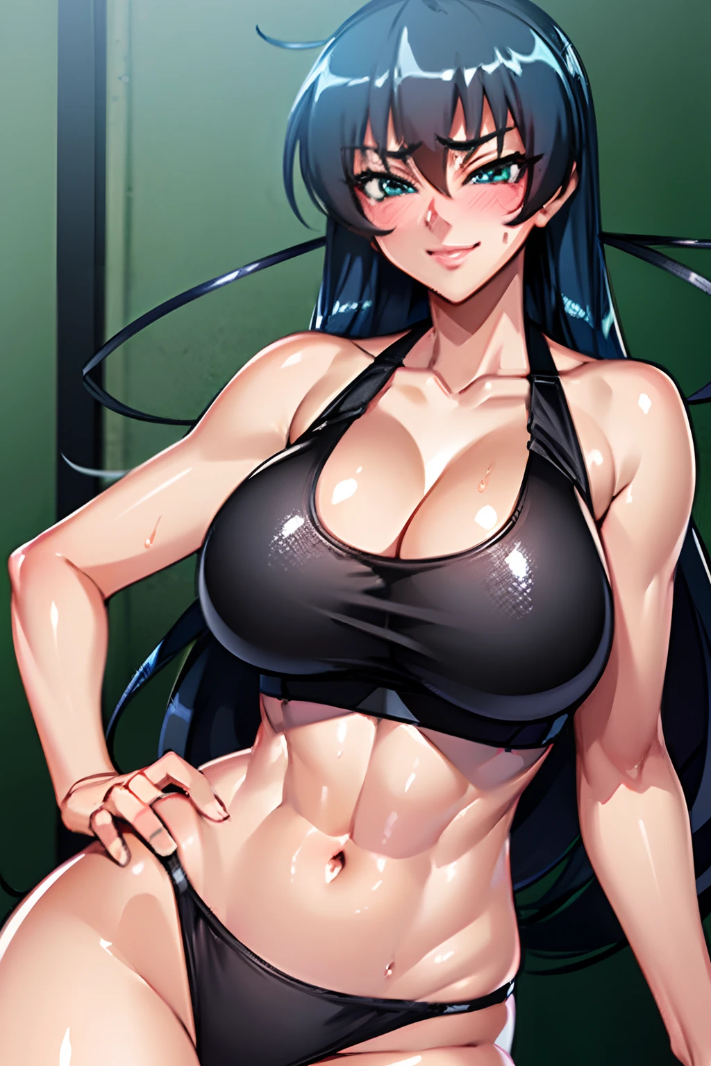 asagi, 1girl, breasts, solo, sweat, sports bra, large breasts, cleavage, navel, midriff, smile, abs, toned, looking at viewer, hand on hip, blush, huge breasts, blue hair, long hair, bangs, hair between eyes, green eyes