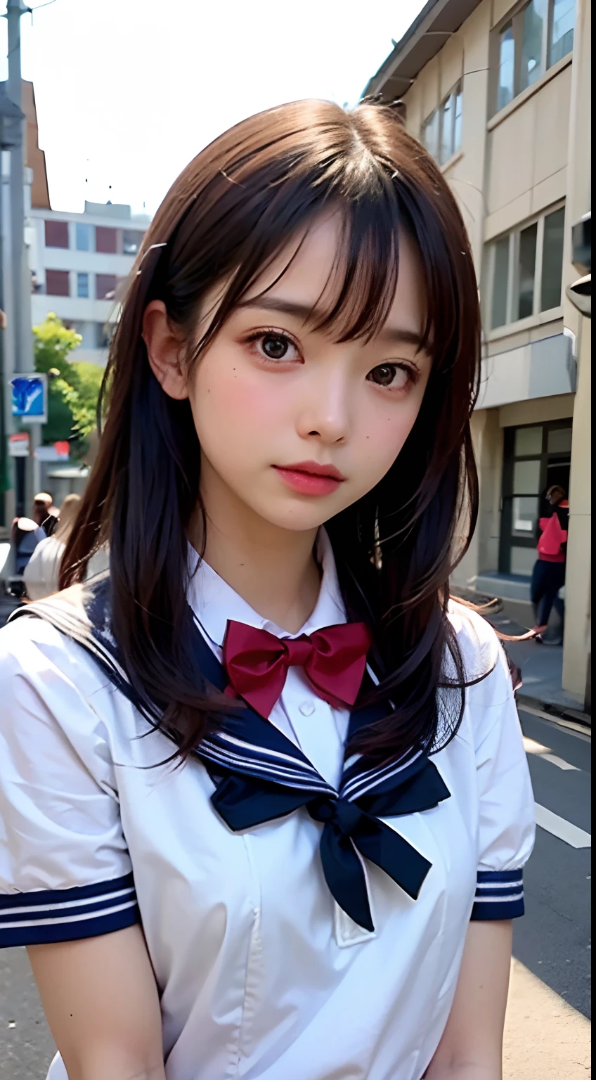 twintails hair style, (masutepiece, Best Quality:1.2), From above, 8K, Official art, Raw photo, unbelievable Ridiculous, (Upper body, (Sailor Uniform), serafuku, Sitting:1.4), Beautiful Girl, Idol face, arching back down, Pleated skirt,large full breasts:1.5、 thighs thighs thighs thighs, close up, (School uniform), Short sleeve, gardenia, violaceaess, , crass room, Looking at Viewer, No makeup, Film grain, chromatic abberation, Sharp Focus, face lights, Dynamic lighting, Cinematic lighting, Detailed face, Bokeh background, (Dark red bow tie:1.3)、Botanical Garden、