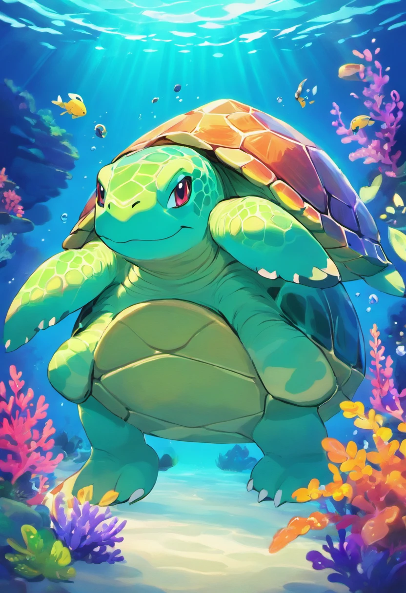 a huge turtle with vibrant colors, illuminating neon colors, underwater