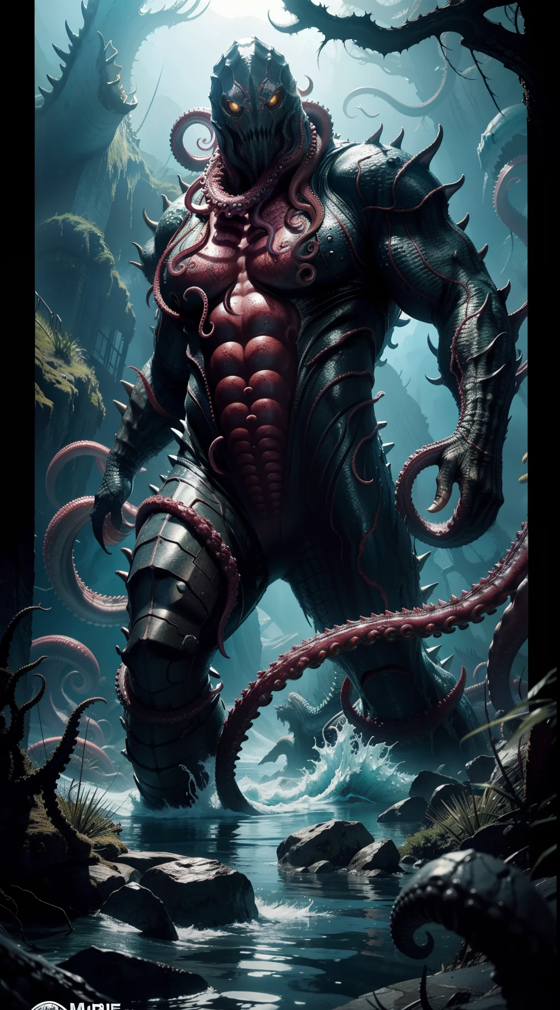 8K, Super detail, ccurate, Best quality, Masterpiece, Super detail, High details, High quality, Best quality, A high resolution
，nigth，darkly，raiden，Cthulhu,Monster,Fish,tentaculata，The body is covered with many eyeballs，Black seawater，Recife，swell sea