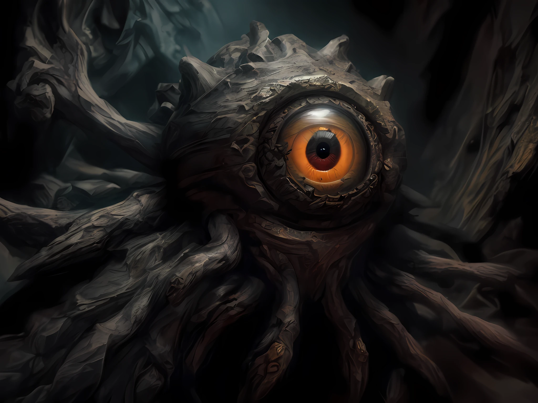 a picture of a dark beholder in a dark cave (best details, Masterpiece, best quality :1.5), an epic evil beholder (best details, Masterpiece, best quality :1.5) extremely detailed beholder, 7 different eyes in dynamic colors (best details, Masterpiece, best quality :1.5) , one central big yellow eye, detailed face, torch light (best details, Masterpiece, best quality :1.5), sense of dread, sense of awe majestic atmosphere, ultra best realistic, best details, best quality, 16k, [ultra detailed], masterpiece, best quality, (extremely detailed), ultra wide shot, photorealism, depth of field, hyper realistic painting,