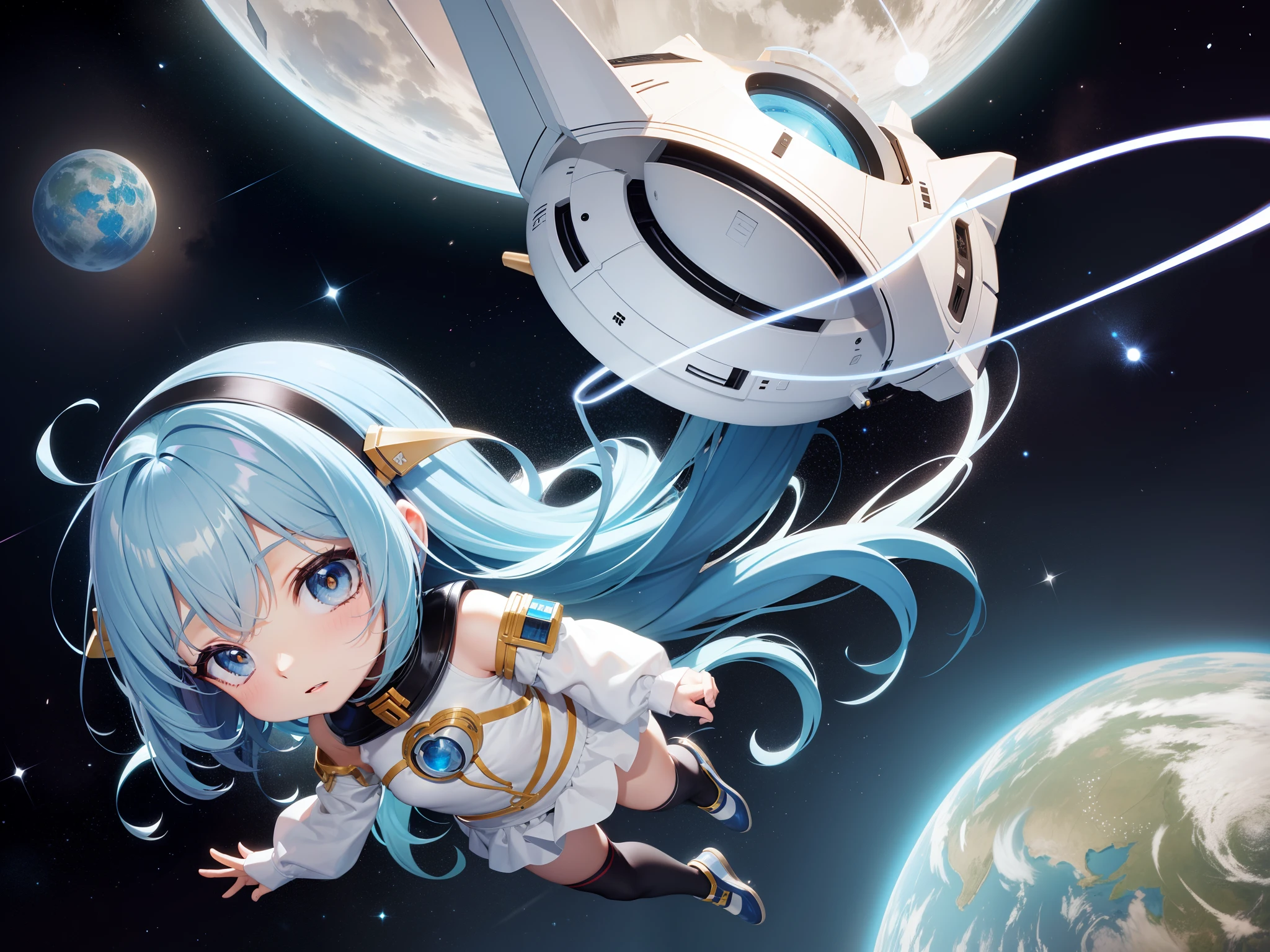 Chibi Character Hop on a spaceship and go into space space suits long hair with blue hair((Chibi Chara))、Fluffy、girl with、Chibi Chara、full body Esbian、Pastel colors hair、masutepiece、top-quality、a moon constellation planet earth