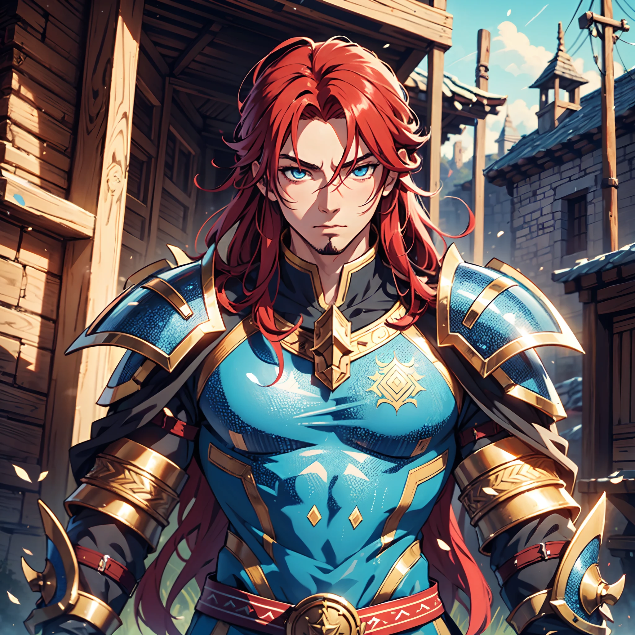 Ultra High Definition, Ultra High Quality, Extremely Detailed, Perfectly Detailed, Masterpiece, 8k, 1 Boy, Look A Like Xin From Kingdom Anime, Handsome, Equipped With Paladin Armor, Solid Light Blue Eyes, Long Red Hair, Body Shot, Ancient Kingdom Background