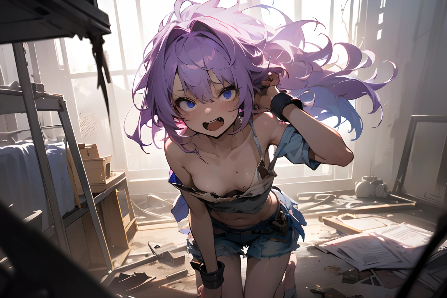 ((Masterpiece)), retina, wide-shot, cinematic lighting, very messy hair, (very insane laugh, badly tattered dirty cheep camisole, exposed breast, Slender small breasts), empty Inorganic and very clean pure white room, (Very strongly Restraints with handcuffs), Textured skin, light purple hair, Cute Beautiful girl