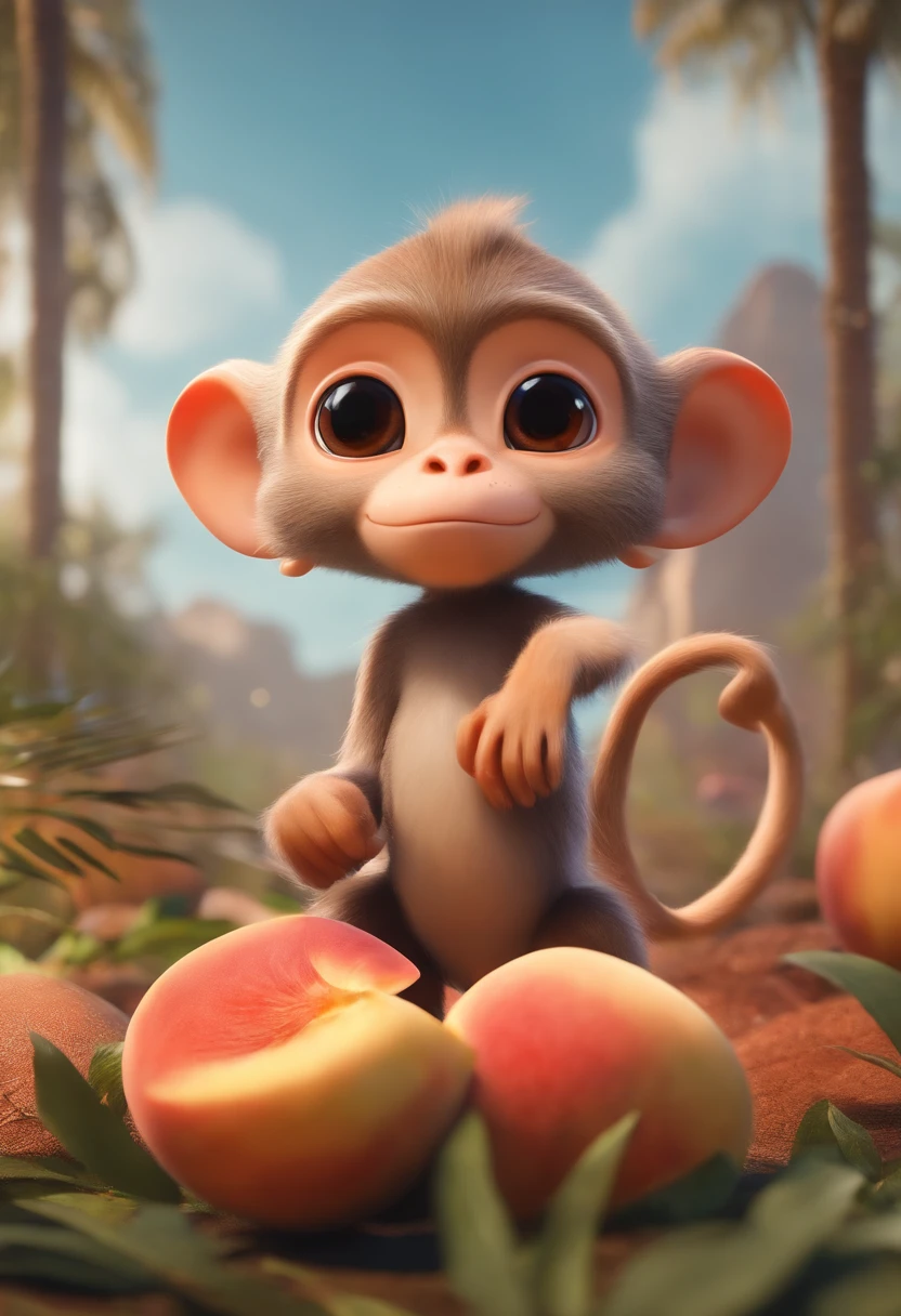 A small monkey,Hold a large peach,magical, Anthropomorphic,Upper body length,Short legs, Wear a futuristic machine,Carry mechanical weapons, The background is a colorful universe. pixar animation, Funky blind box, OC Render, Ray traching, High quality, High detail, high resolution, 8K, bust size
