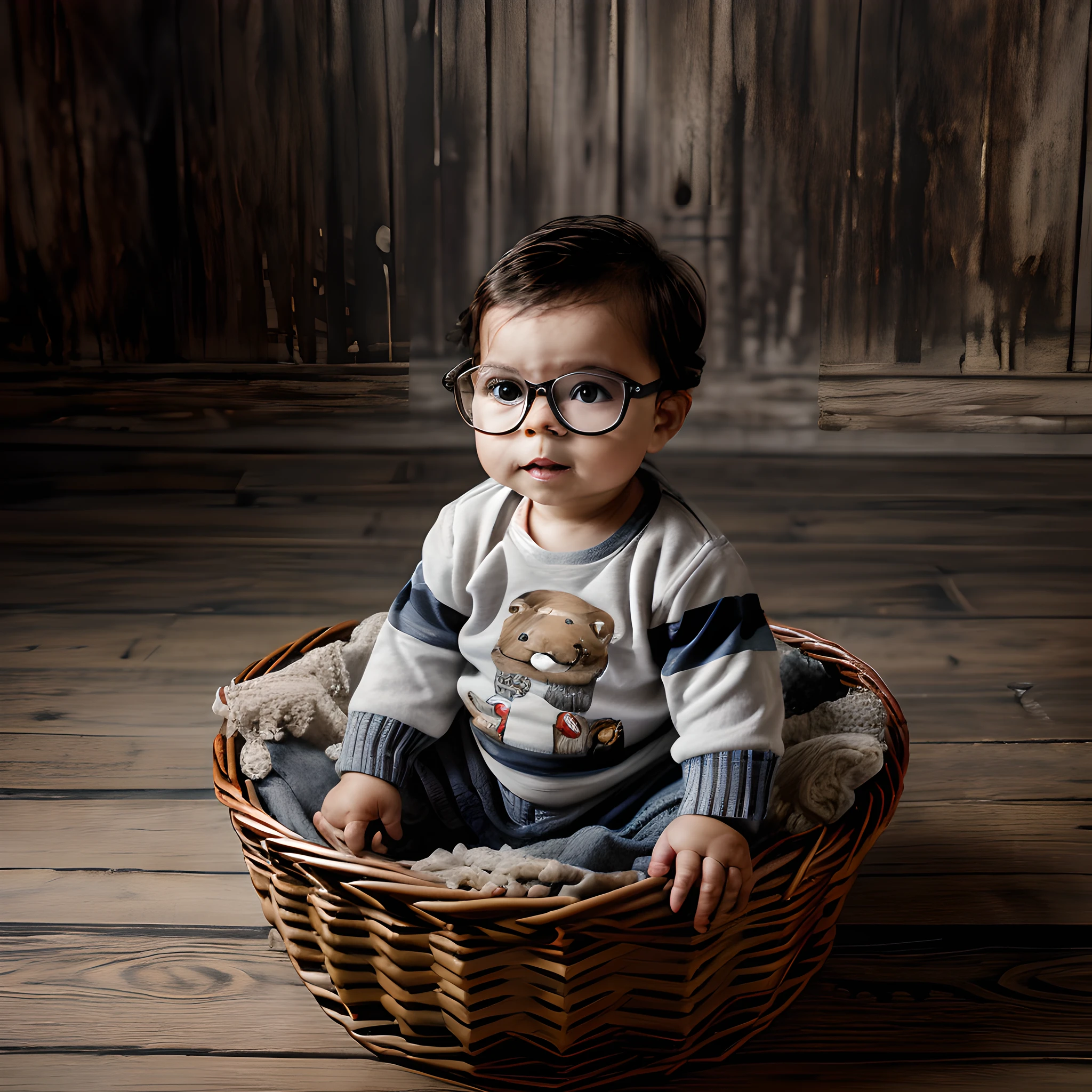 "A portrait of a 1-year-old baby boy wearing glasses, dressed in a striped knit sweater with a bear design on the front. He is inside a wicker basket filled with rolls of yarn. Professional studio photograph with chiaroscuro lighting, 8k resolution."