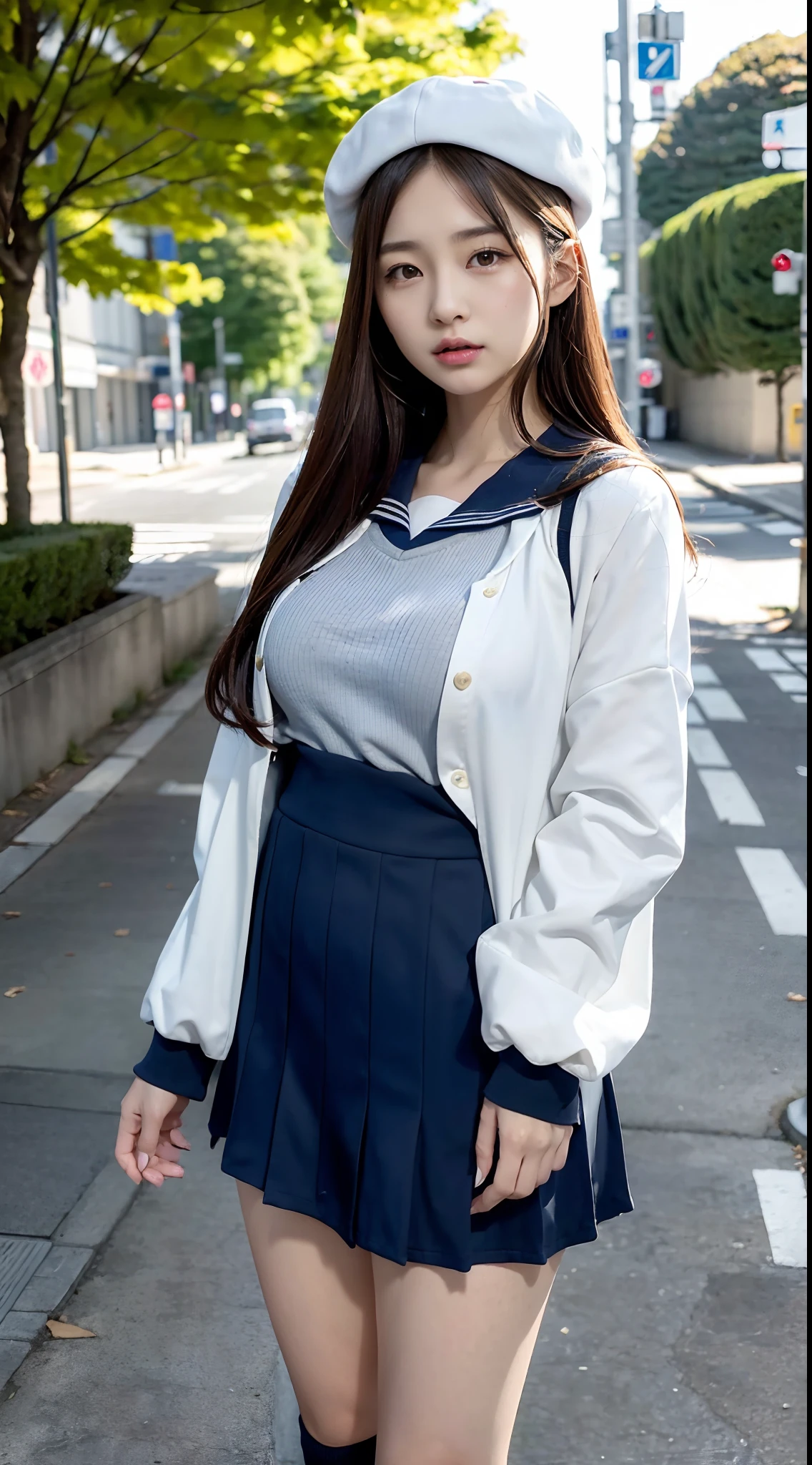 mix4, (16 K, Raw photography, Top image quality, masterpiece: 1.45), (realisitic, Photorealsitic: 1.37), one girls, 7.5, etc、Standing figure,Noon time slot、cute little, A city scape,, profetional lighting, photon maping, Cityscape with street trees, physically-based renderingt, Gradient dark brown hair,, a handsome, Well-groomed and beautiful eyes、Large double eyelids、Very shiny、girl with, (((student clothes、Long sleeve sailor suit worn by Japan schoolgirl、red cuffs、Dark blue mini skirt, Small gray beret、Dark blue knee-high socks、Black loafers))), Top Quality Photos, hight resolution, 1080p, (clearface), (Detailed face description), (Detailed hand description), (masterpiece), (Exquisite CG)、extreme light and shadows、dishevled hair、master work、abundant detail、(Fine facial features)、(top quality photo)、(masuter piece)、(A detailed eye)、Look in front of you、Fine clavicle、((Slender big))、(((Japan schoolgirl in long-sleeved sailor suit)))、((Ready Idol System))、((Boulevard with street trees、Roads at the scramble intersection))、(Shooting from random perspectives)、(((Anyway cute)))、耳Nipple Ring、A big smile、Drawing the whole body from the knees、Do not draw nasolabial folds、(((Long-sleeved sailor suit)))、(Big breasts that hang down big:1.4)、Big buttocks with tension、Two arms and two legs、(((from the front side:0.5)))、bare hand、No mask