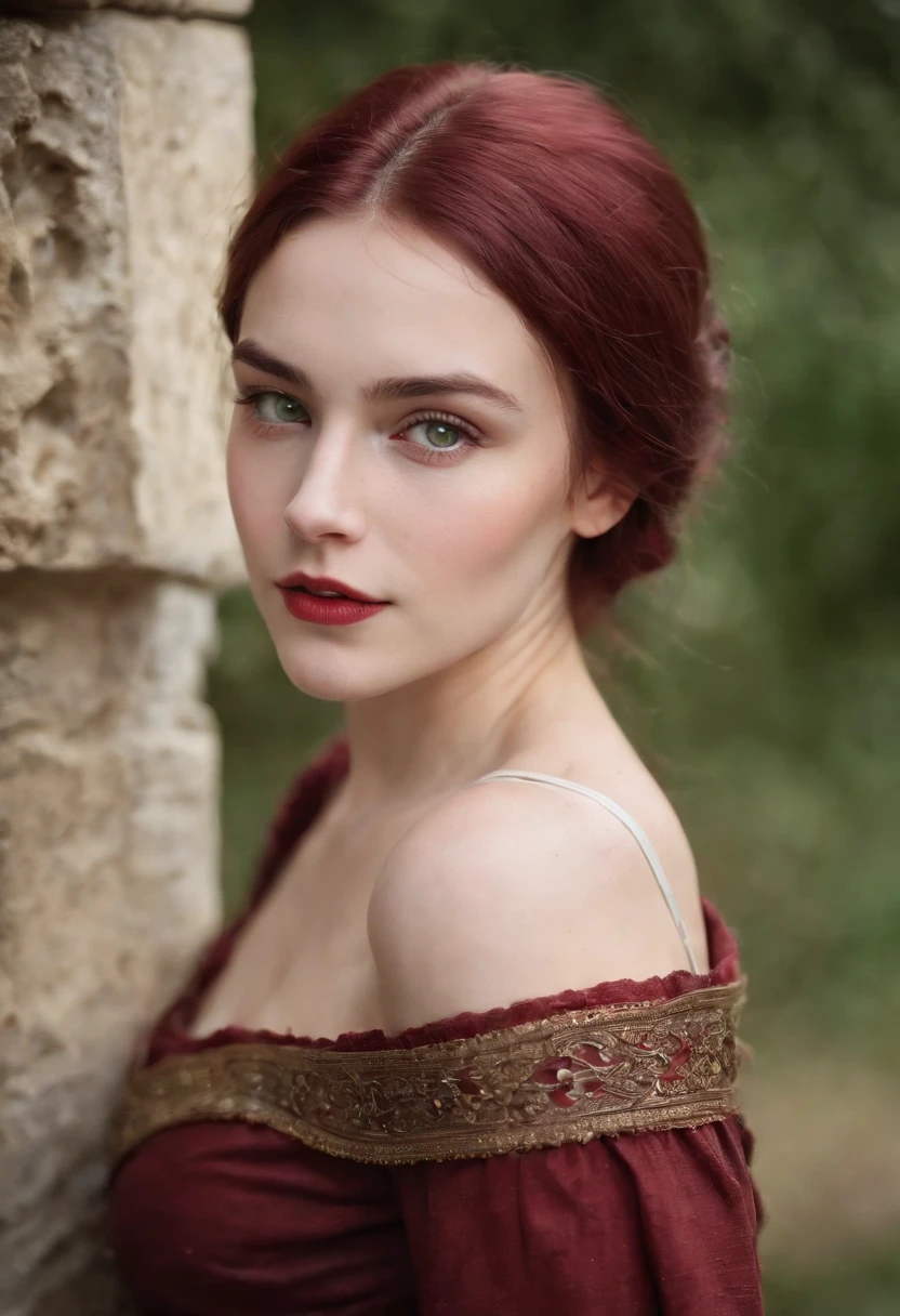 (((a deep reddish wound crosses her left cheek))) fair complexion, woman around 19 years old, natural white hair, distinctive green eyes, wearing kohl, slender and graceful, beautiful, candlelight in a medieval setting, ultra sharp focus, realistic shot, medieval female clothes, tetradic colors (scar:1.4)