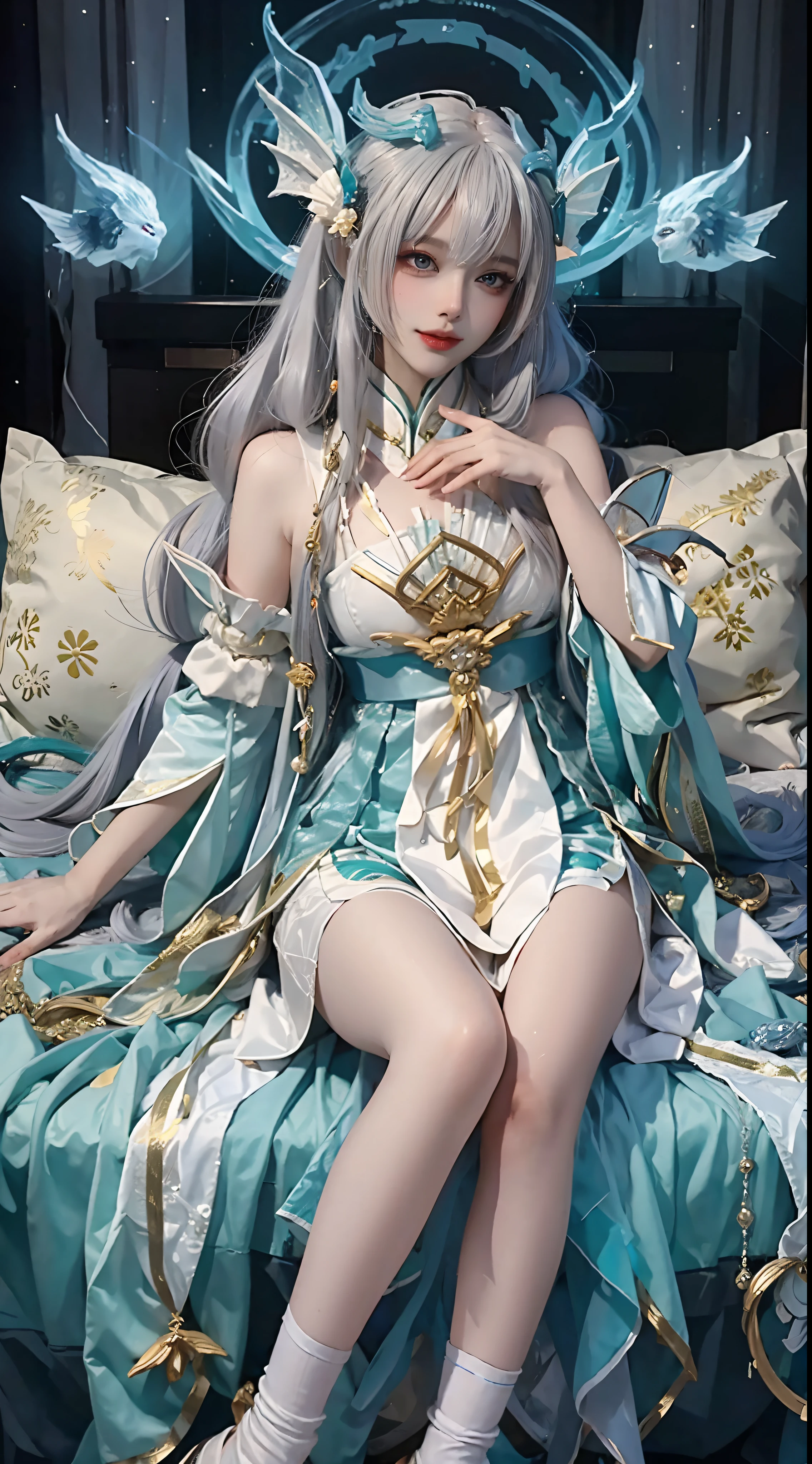 Beautiful celestial mage，Amazing young ethereal characters，shaxi，A flowing magic robe，White Hanfu，xianxia fantasy，Beauty Delfin，Ethereal fantasy，Elegant and charming cosplay，one-girl，((Lie flat on the bed))，Bend your legs，((Top-down view))，Feminine and colorful，It's tumultuous，Hands relax naturally，nighttime scene，Lots of neon