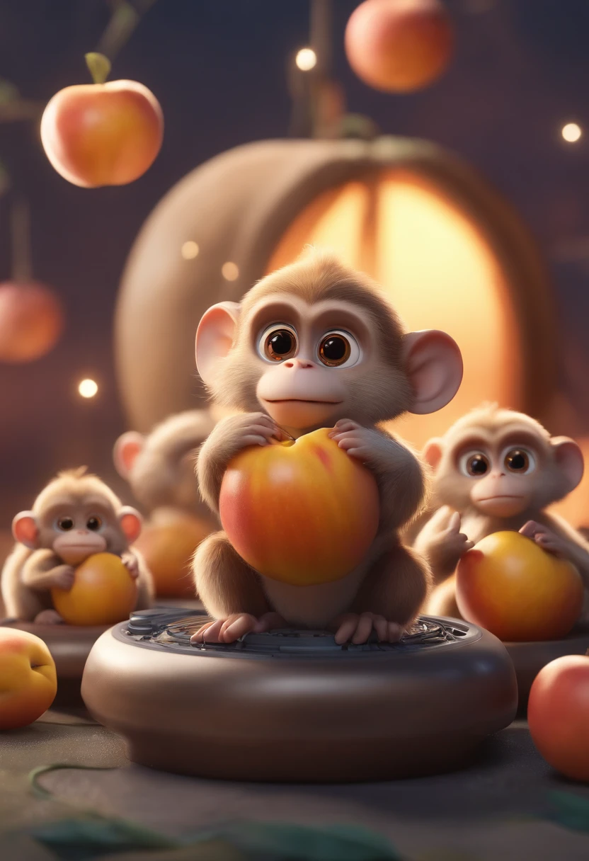 Three little monkeys,Holding a large peach,magical, Anthropomorphic,Upper body length,Short legs, Wear a futuristic machine,Carry mechanical weapons, The background is a colorful universe. pixar animation, Funky blind box, OC Render, Ray traching, High quality, High detail, high resolution, 8K, bust size